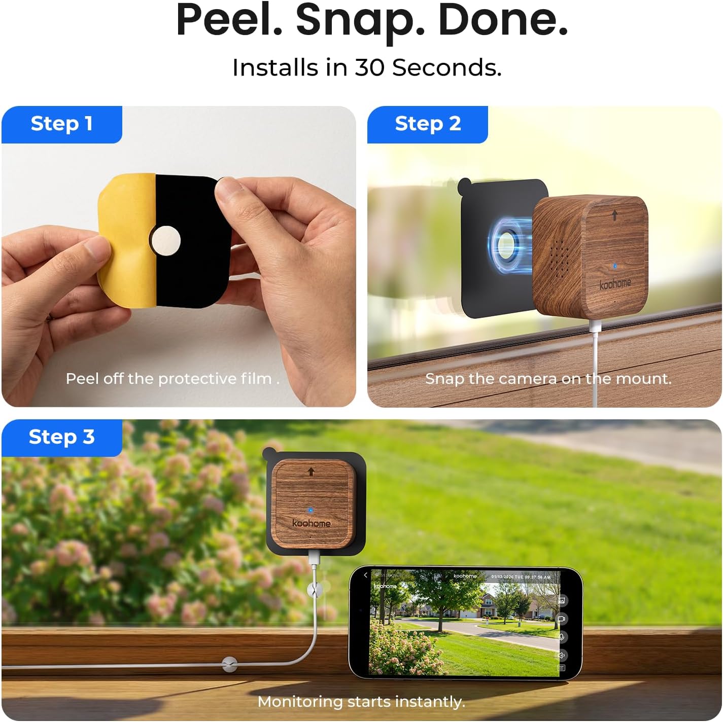 2K Window Camera for Indoor & Outdoor Home Security,Color Night Vision,Anti-Glare,24/7 Recording,Free 3-Day Cloud Storage,Dual-Band WiFi,AI Human Detection,Magnetic Mount,Walnut Wood Design - Image 6