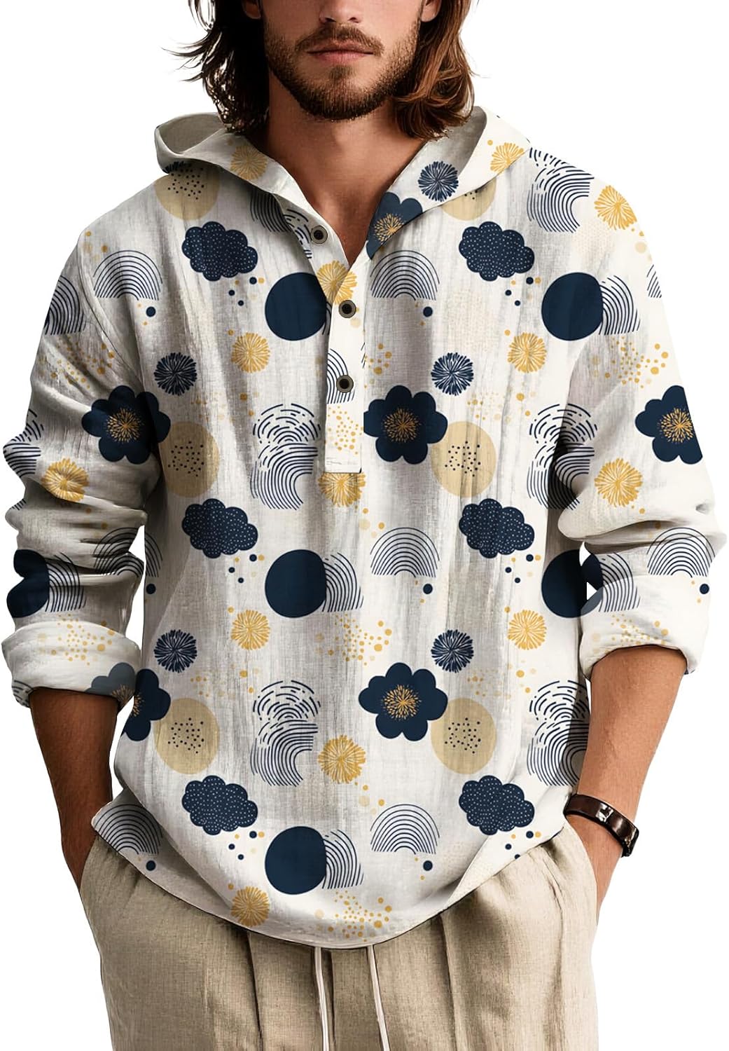 Men's Long Sleeve Button Down Shirt Artistic Print Lightweight Casual Loose Fit Top Spring Summer Hawaiian Shirt