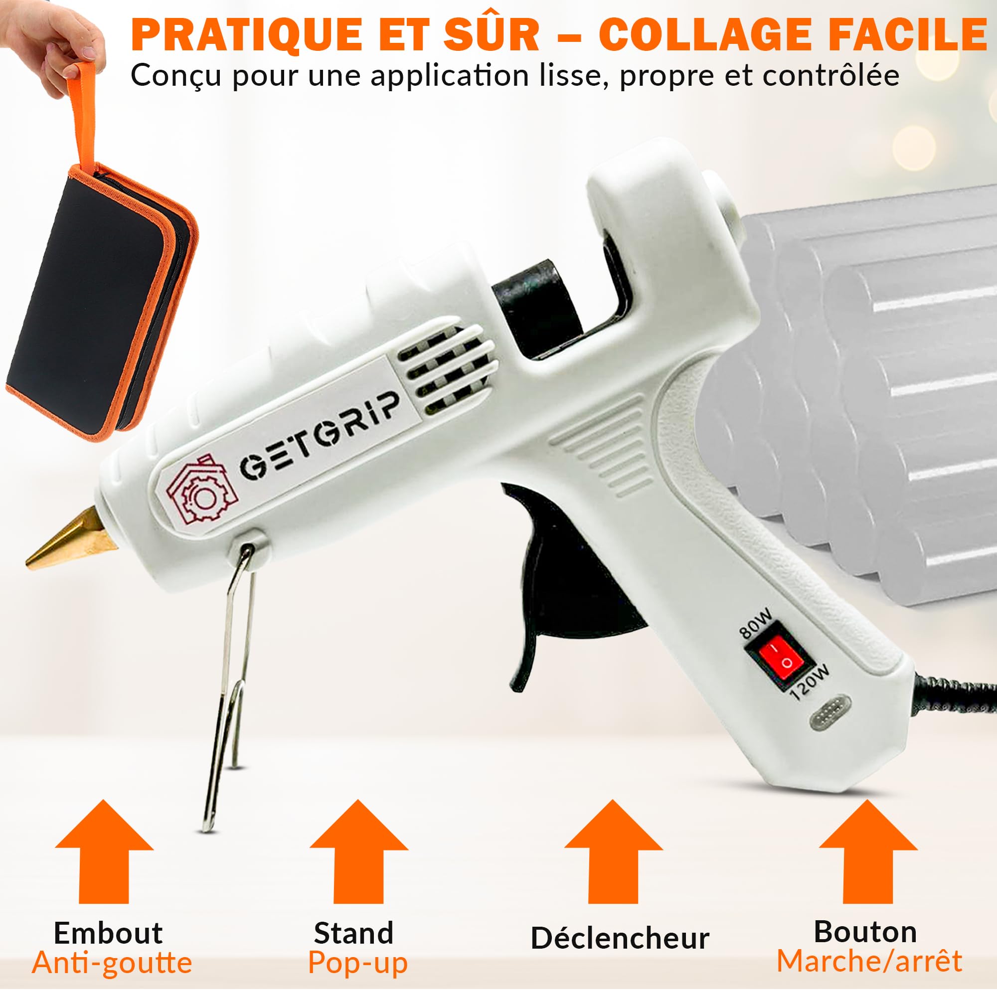 GETGRIP pistolet a colle chaude 80W Température Réglable – 30 Bâtons 11x150mm Inclus, 3 Protège-Doigts & Sac – Chauffage Rapide 60s pour DIY, Artisanat | pistolet a colle professional | glue gun