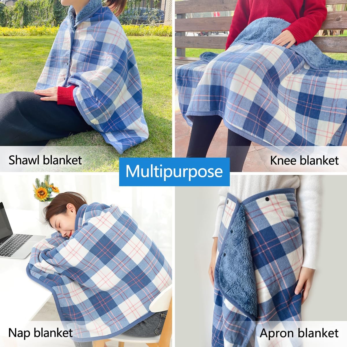Missmat-Wearable Blanket, Poncho Throw with Buttons (55" L x 39.3" W), Comfy Plaid Shawl for Office, Bed, Sofa and Outdoors, All Seasons（Blue - Image 2