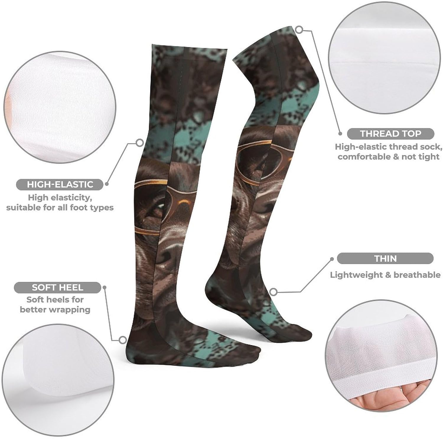 German Shorthaired Pointer In Glasses Knee High Stockings for Women 23.6" Breathable Thigh High Stockings Over The Knee Socks