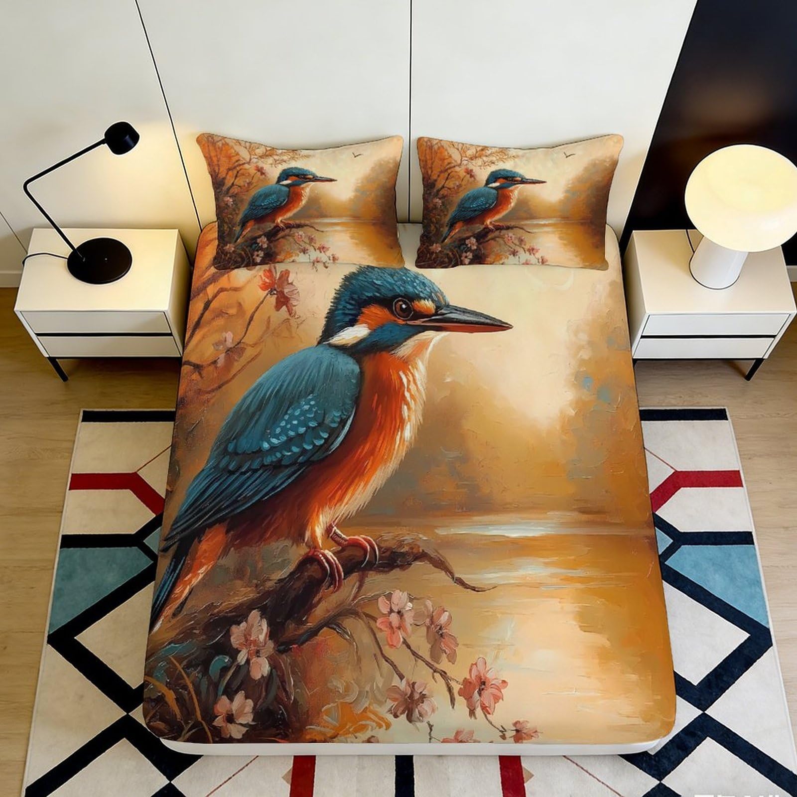3D Printed Kingfisher Bird Fitted Sheet Microfiber Soft Bedroom Decor Nature Branch Mattress Cover Anti-Slip Washable 120x200x25cm