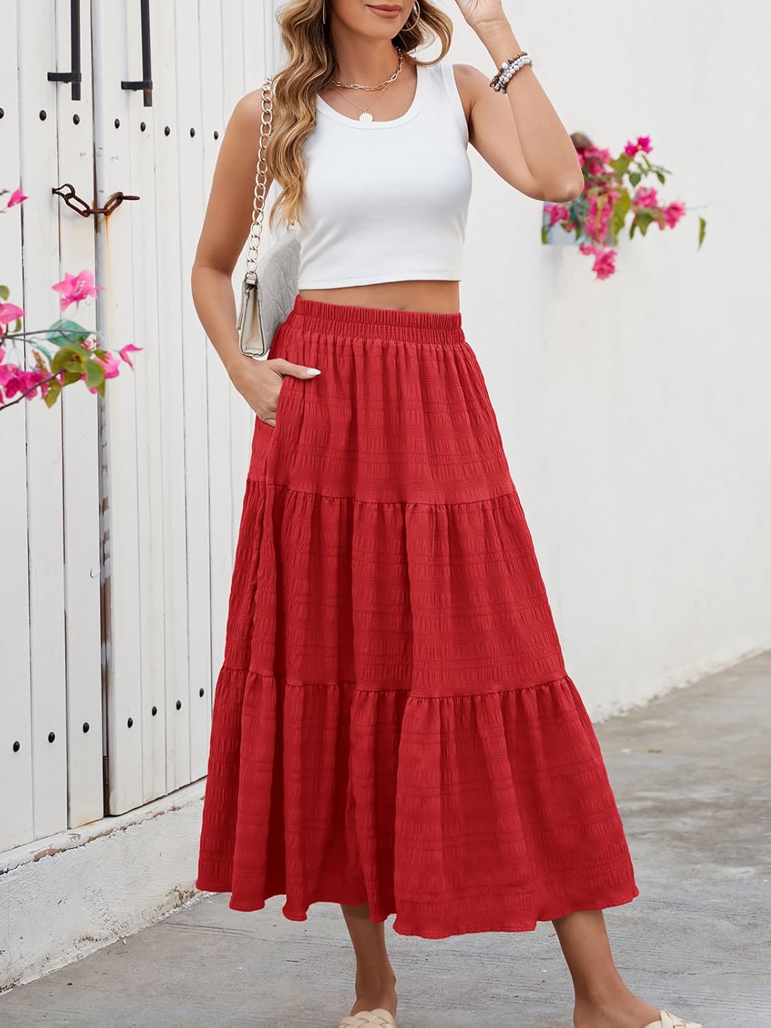 HUSKARY Women's Summer Casual Elegant Smock Layered Tiered Maxi Skirt High Waisted A Line Flowy Long Skirts with Pockets - Image 3