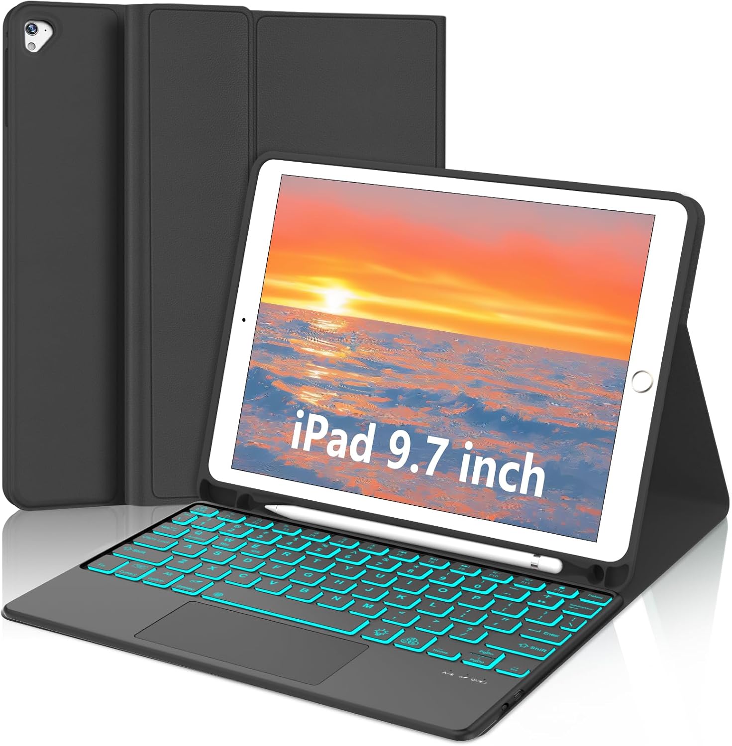 IVEOPPE for iPad Keyboard case 9.7 inch, iPad 6th Gen (2018), iPad 5th Gen (2017), iPad Air 2 (2014), Multi-Touch Trackpad, Detachable Backlit Folio Keyboard Slim Cover with Pencil Holder,Black