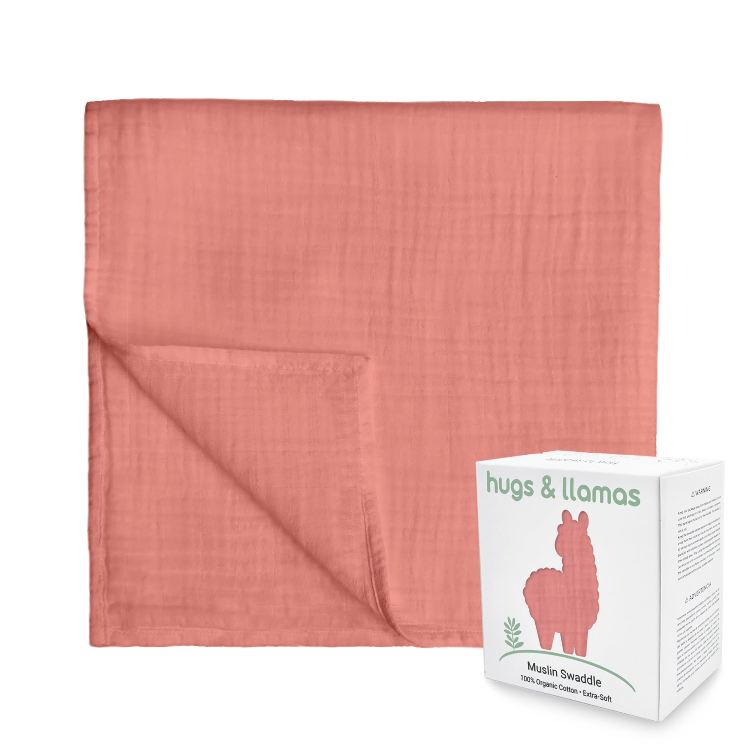 hugs &amp; llamas | 100% Organic Cotton Muslin Swaddle Blankets | Unisex Swaddle Blanket | Extra Soft | Swaddles for Newborns and Infants | Machine Washable | 47” x 47” (Blushing Rose)