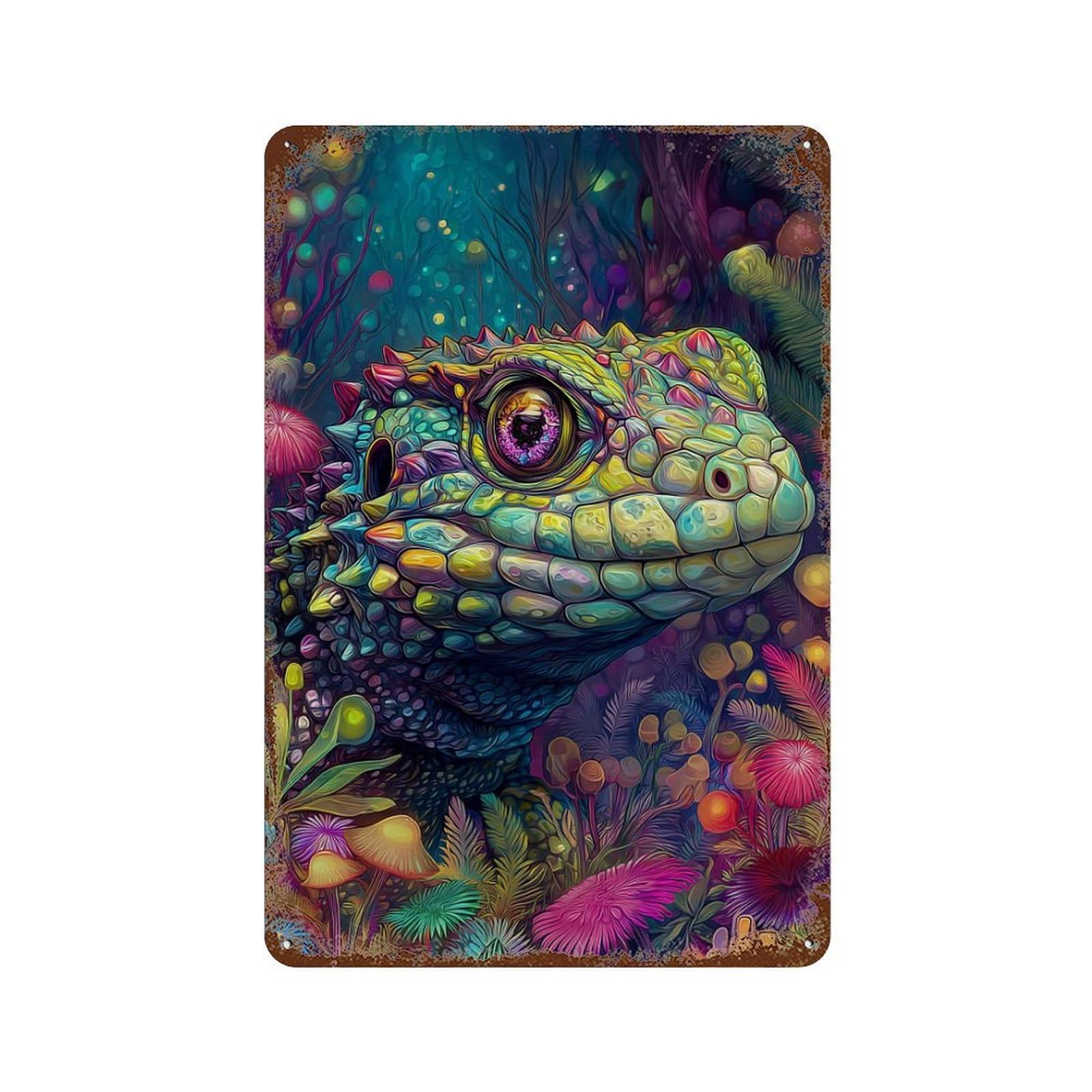 Colorful Lizard in Fantasy Forest Rustic Tin Plaque 11.8"x7.9", for Pub, Kitchen And Man Cave Decor, Vintage Wall Decor
