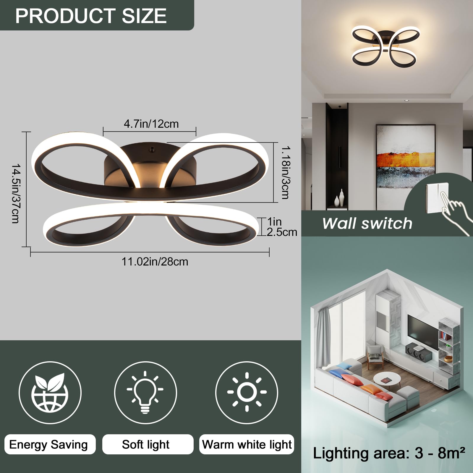 EIDISUNY Modern LED Ceiling Light, 30W Black Ceiling Lights Fixture - Image 2