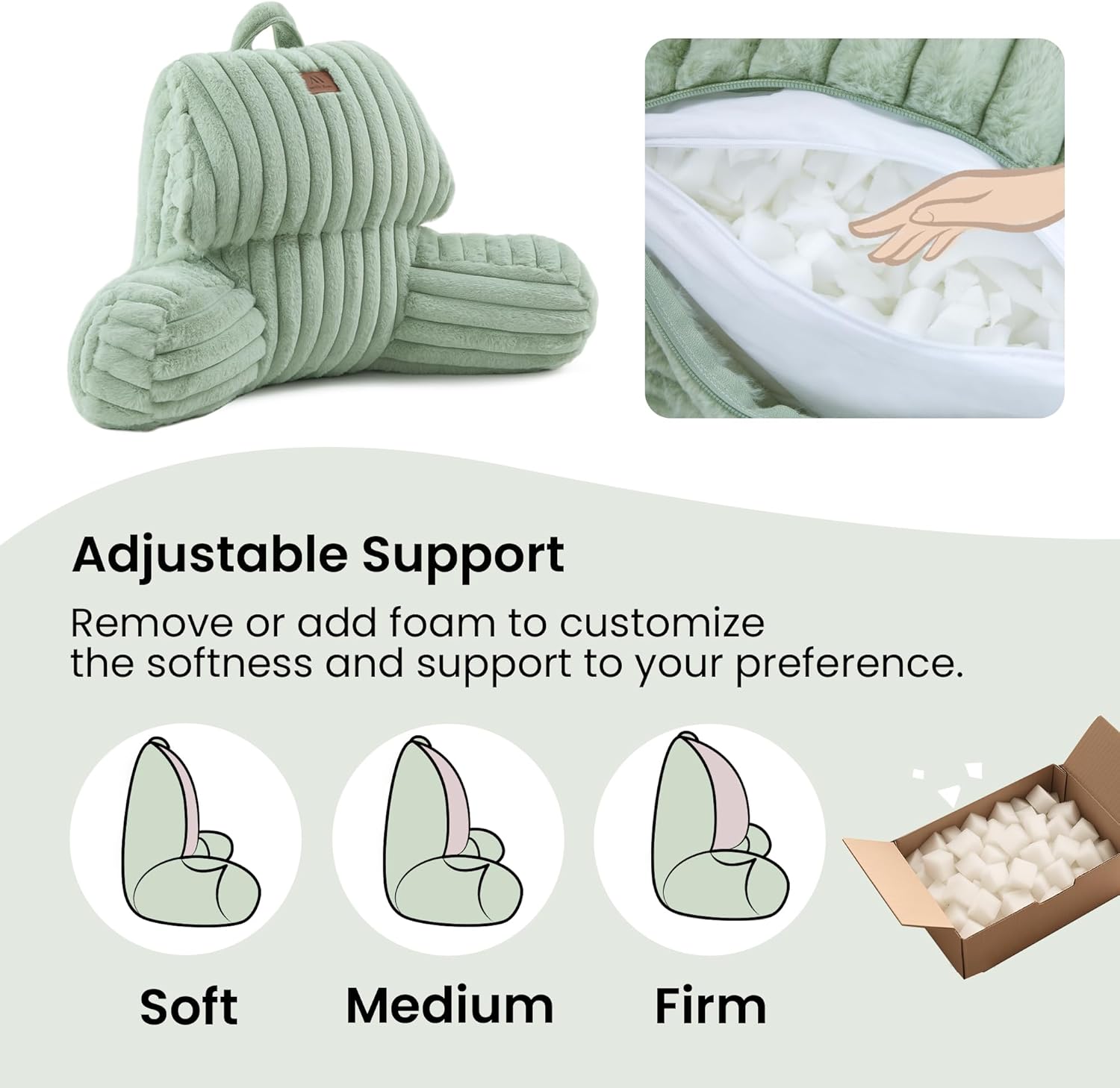 Amélie Home Faux Fur Reading Pillow with Pocket for Sitting in Bed, Kids Backrest Bed Pillow with Washable Cover for Lounging, Watching TV/Gaming/Resting/Post/Surgery/Nursing, Sage Green 17 inches