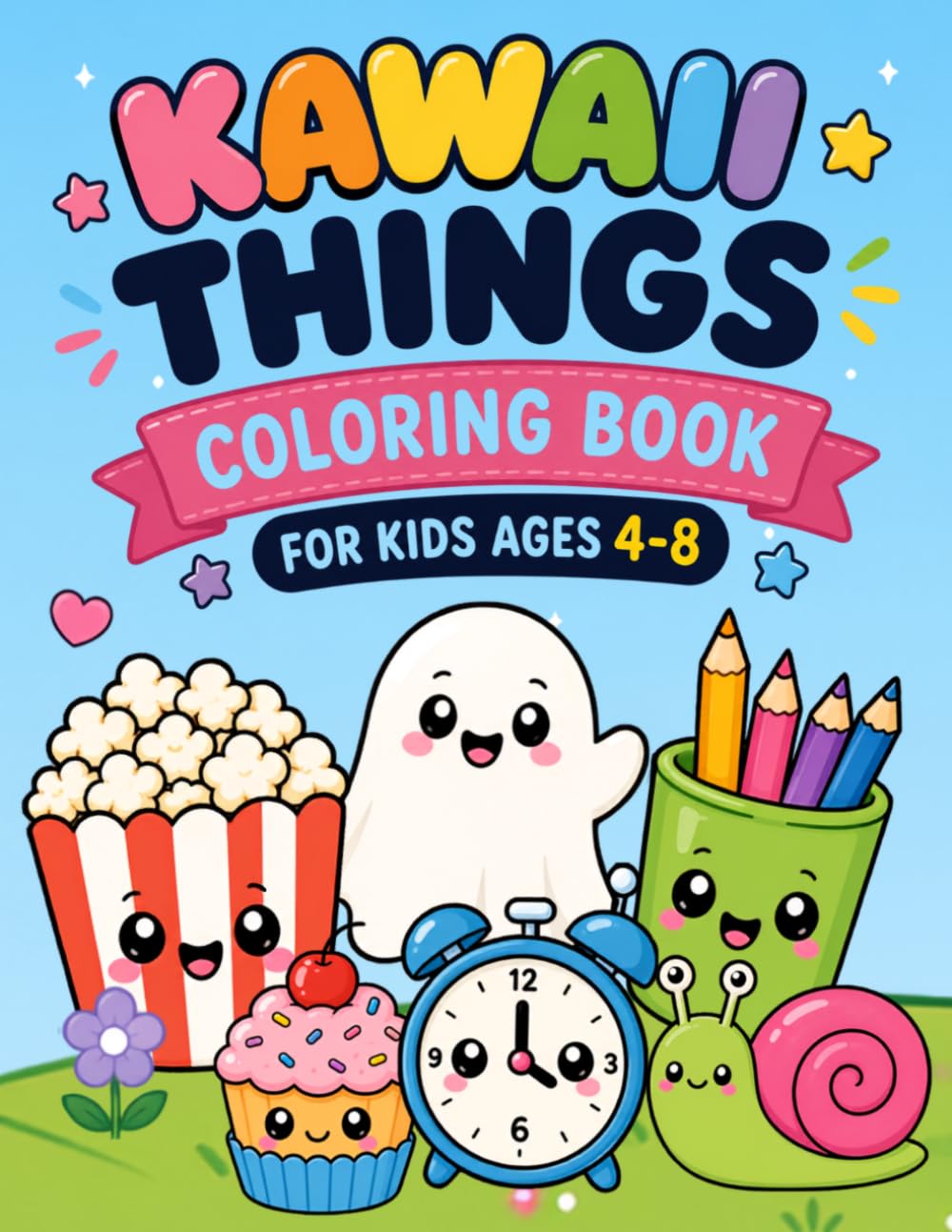 Kawaii Things Coloring Book for Kids Ages 4-8: 50 Cute and Easy Designs Featuring Food, Animals, Objects and Everyday Fun