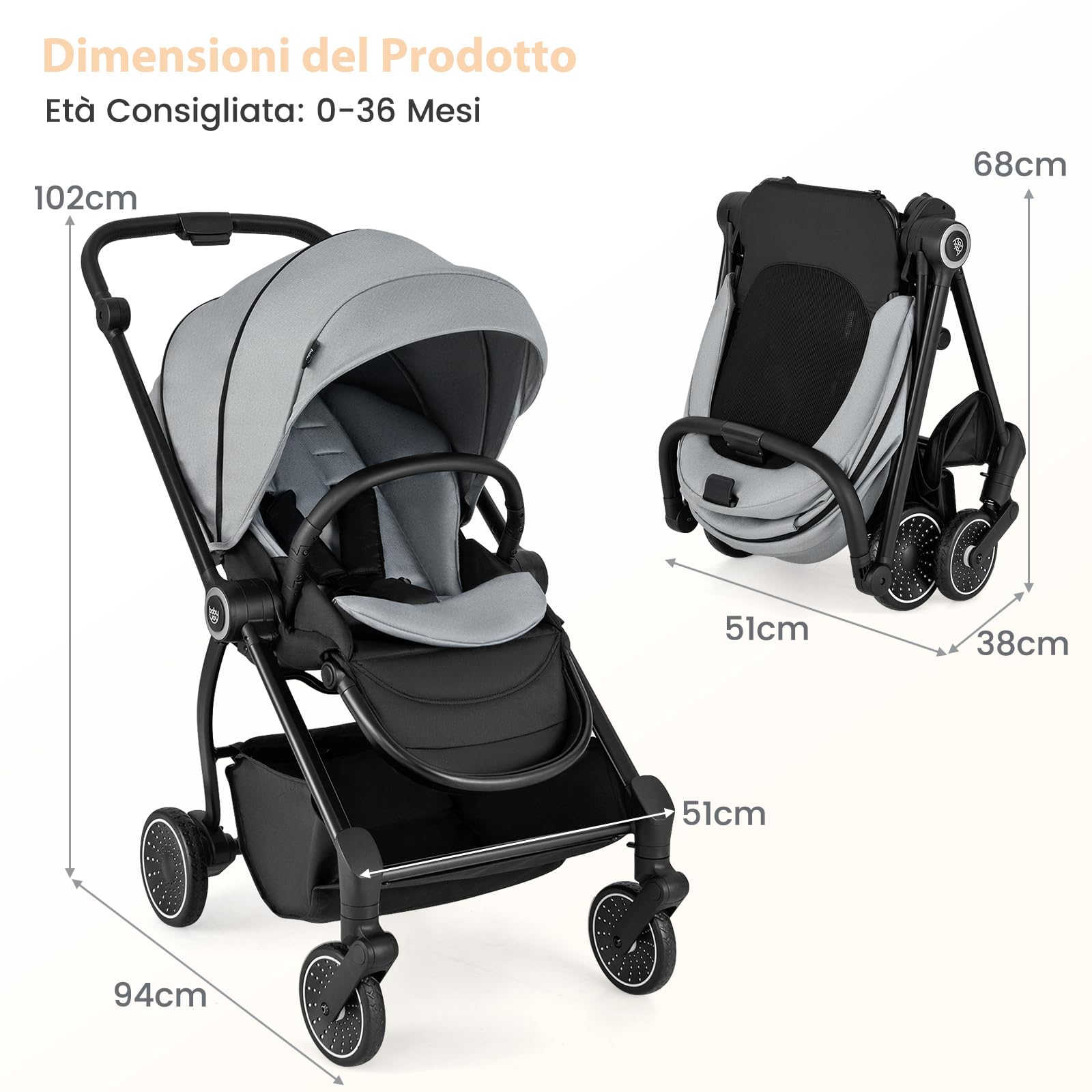 RELAX4LIFE Passeggino Leggero e Reversibile per Bambini 0-3 Anni, con Seduta Fronte Mamma e Strada, Schienale Regolabile, Ruote Ammortizzate, Cestello 36L, Portata 30kg, Omologato CE (GRIGIO)