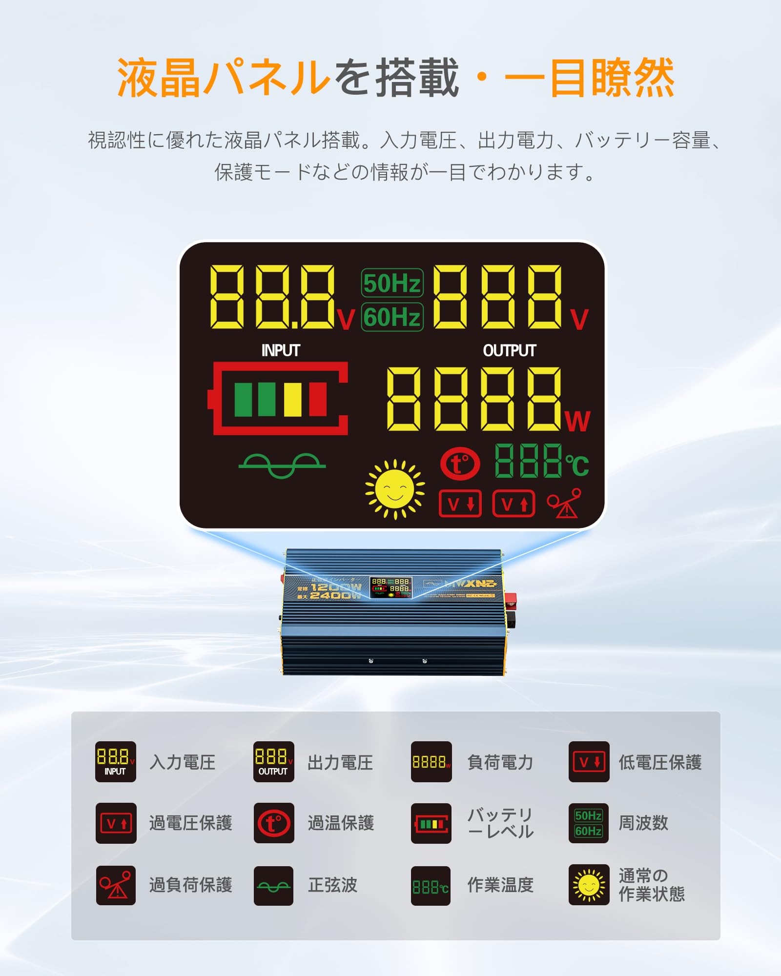 Amazon.co.jp: MWXNE インバーター 正弦波 12v 100v 1200w 最大2400W 