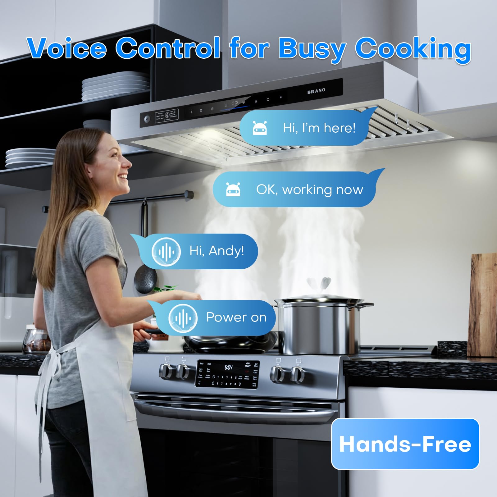 BRANO Wall Mount Range Hood 36 Inch,1000 CFM 6 Speeds Ultra-Quiet DC Motor Kitchen Vent Hood with Voice/Gesture/Touch Control,Ducted/Ductless Convertible,LED Lights,Stainless Steel - 4