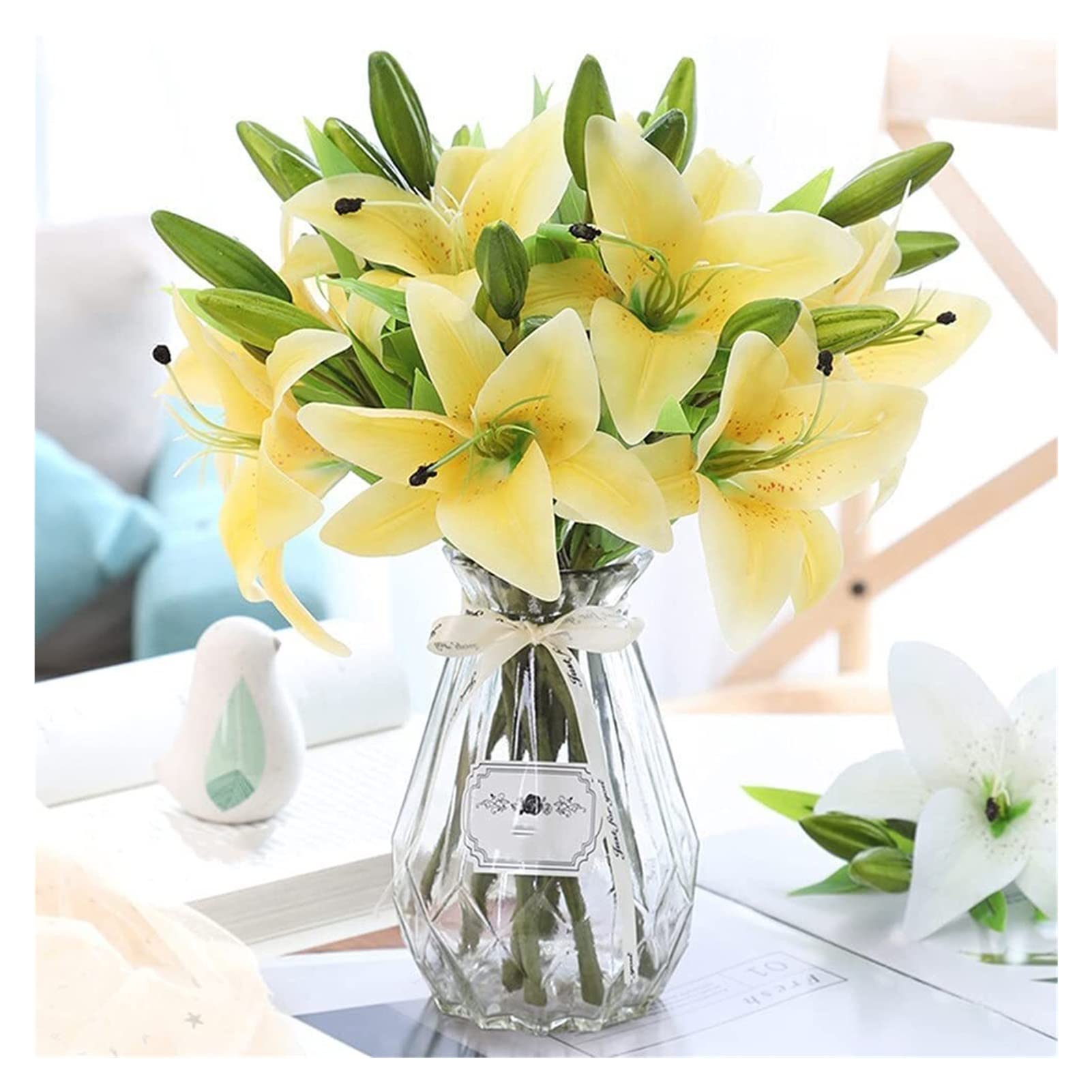 AYCDL Fake Artificial Flowers Lily With Vase Real Touch Bouquet For Wedding Party Home Garden Hotel Decoration Flower Arrangements,Geel-Geel