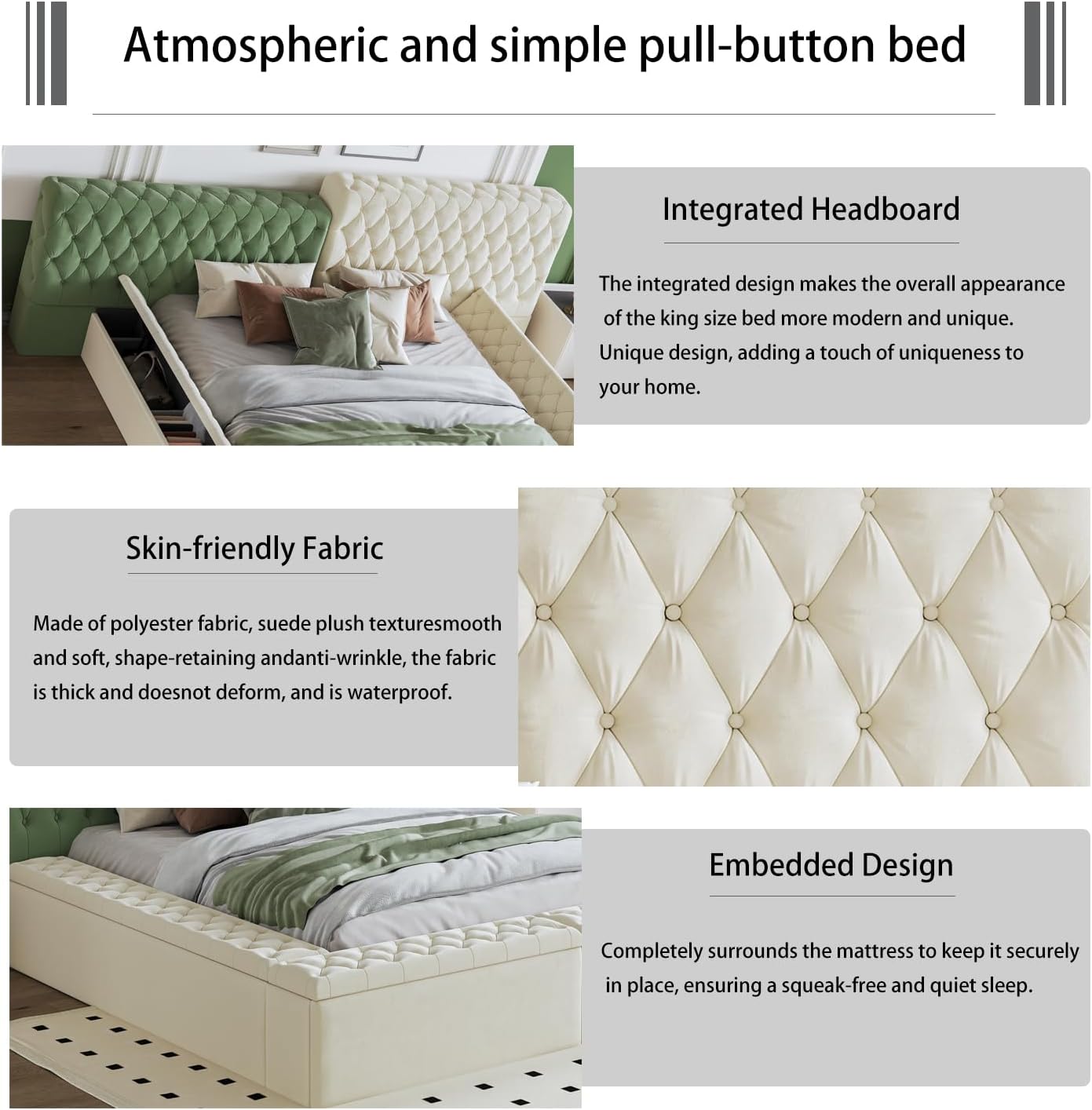 King Contemporary Special-Shaped Fully Upholstered Bed Frame with Deep Button Tufting and Storage Compartments in Rails and Footboard for Kids Teens Adults Bedroom No Box Spring Needed Beige