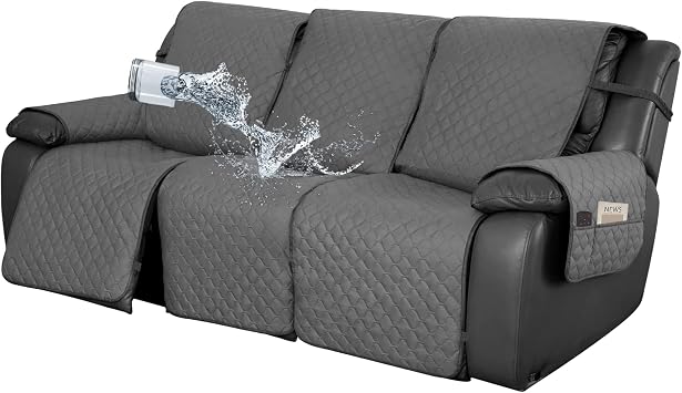 Easy-Going Waterproof Recliner Sofa Cover with Pocket, 1-Piece Reversible Couch Cover for 3 Seat Recliner, Washable Protector with Elastic Straps for Dogs Recliner Sofa, Gray/Light Gray
