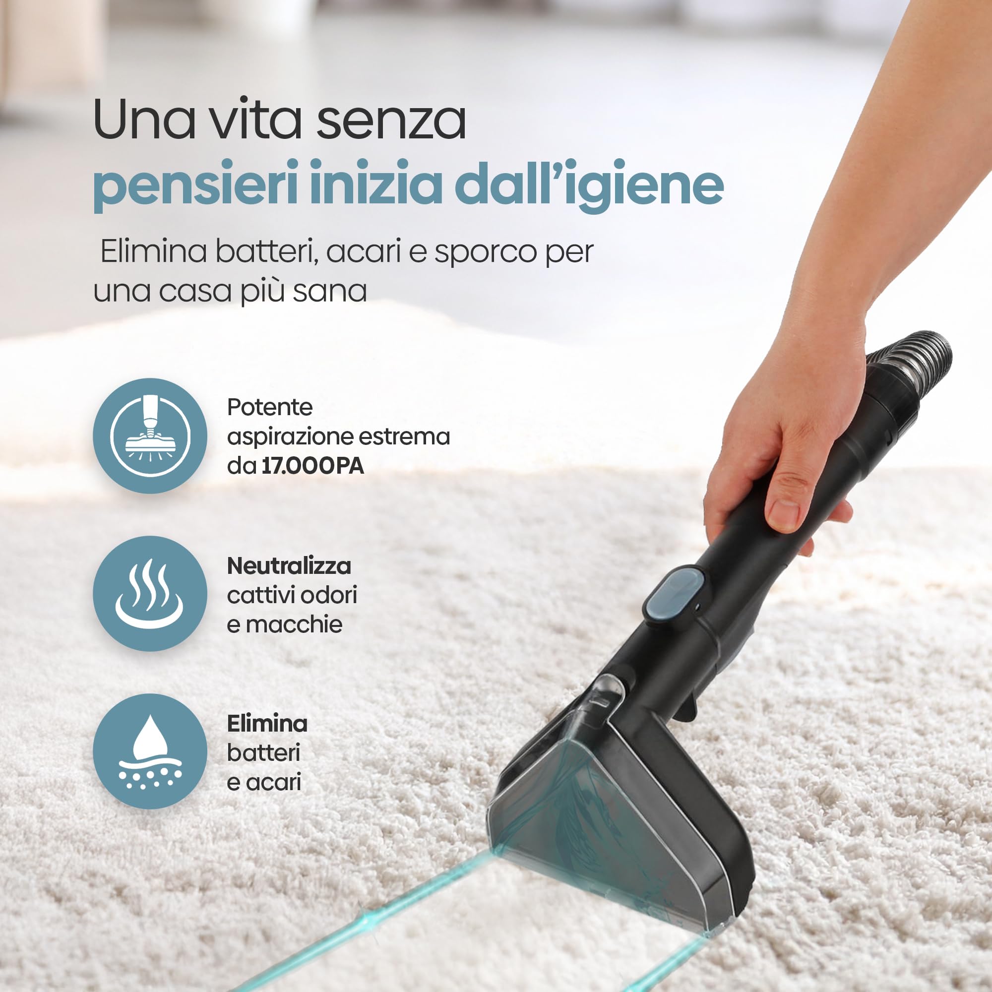 Olvy Pulitore Tappeti 2.0 – Potente Rimuovi Macchie 17.000 PA con Tubo 1,6m, Cavo 4m, Funzione Autopulente & 500ml Soluzione Pulente – Tappeto, Divano, Materasso & Auto