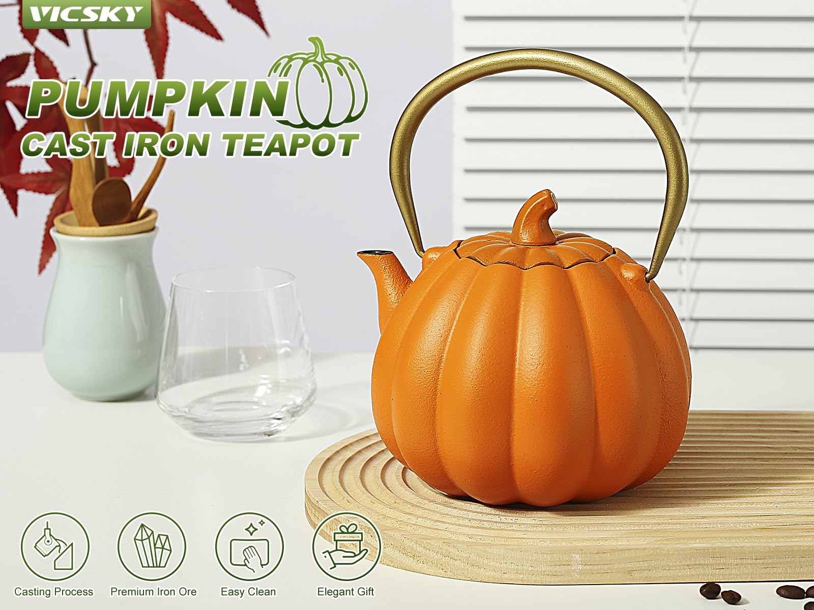 VICSKY Tetera de hierro fundido de calabaza naranja, color calabaza natural, hervidor de té japonés de hierro fundido seguro para estufa con infusor, tetera creativa de calabaza de Halloween (40