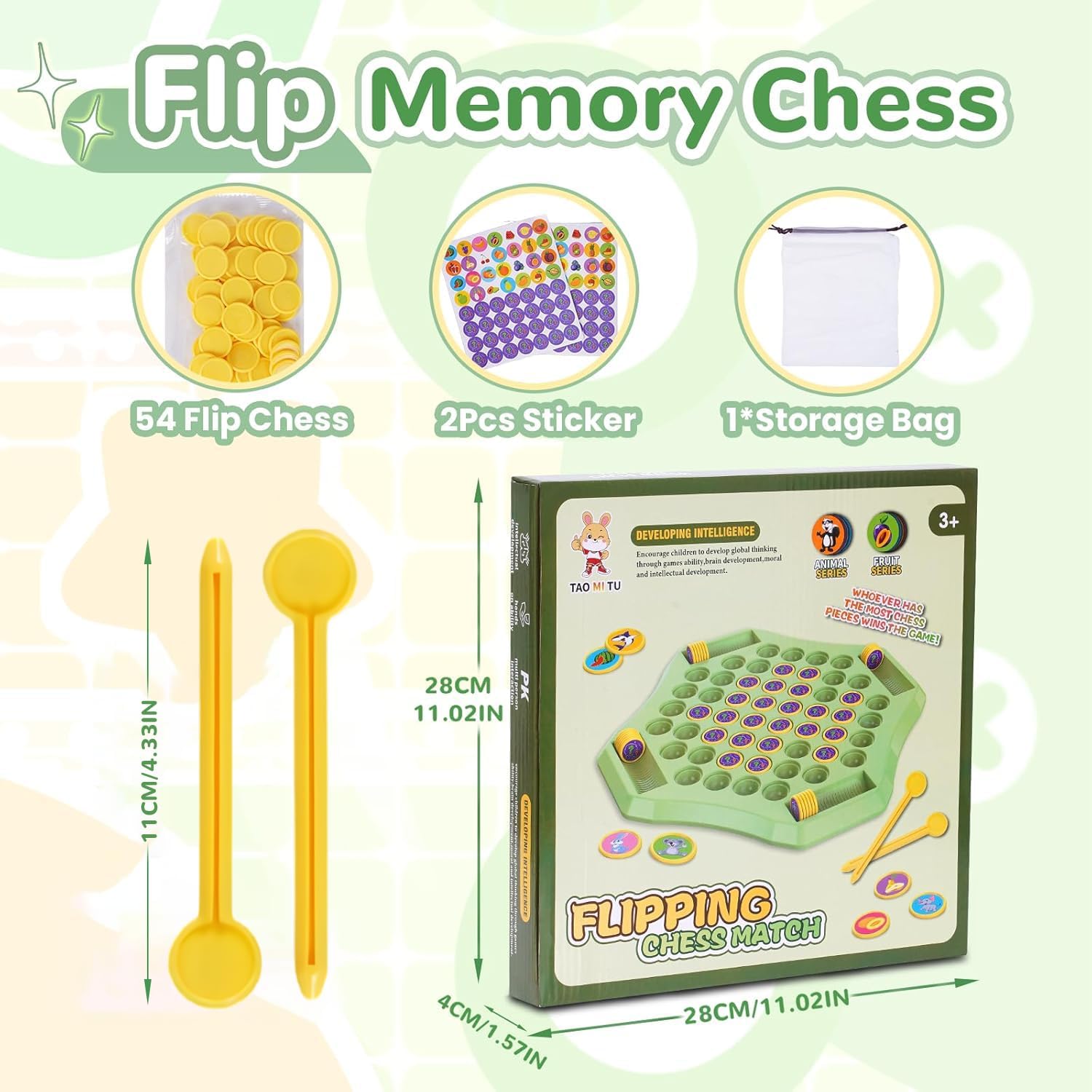 54PCS Flip Chess Memory Game, 2025 Fruit Flip Chess Board Game, Memory Checkerboard Over Card Board, Double Cartoon Pattern Matching Memories Game for Kids & Adults