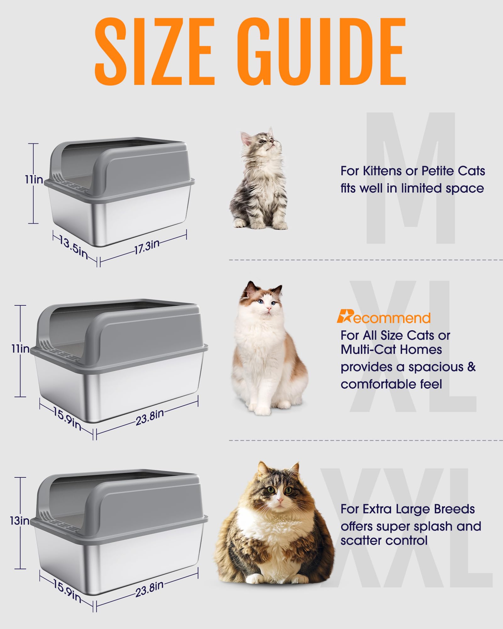 Stainless Steel Cat Litter Box, Metal Kitty Litter Box with Scoop, Anti-Leakage Top Entry, Non-Sticky, Easy to Clean, Grey, 13.5" × 17.3" × 11"