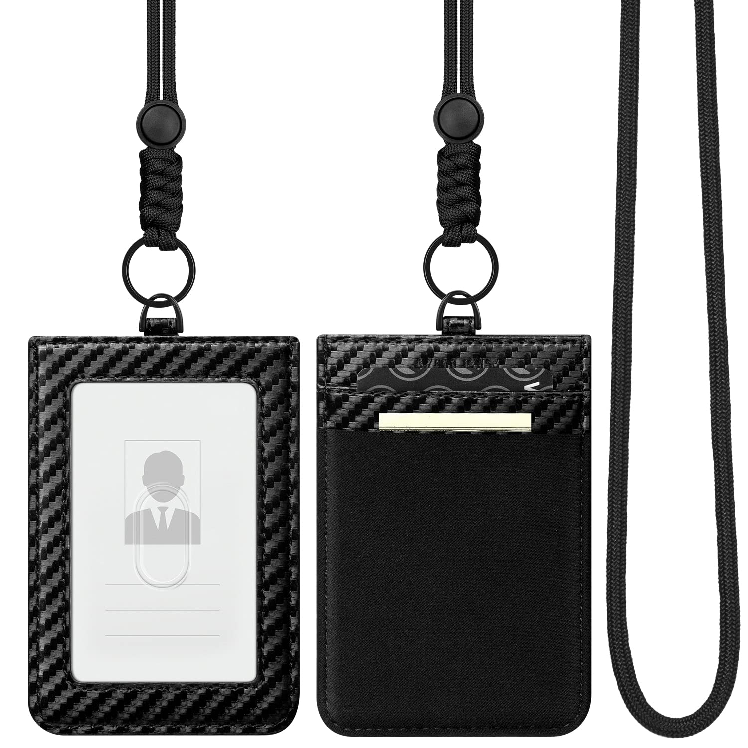 VULKIT ID Badge Holder with Lanyard for Women and Men Vertical Leather Badge Holder with Clear ID Window Card Holder Slot and Money Pocket