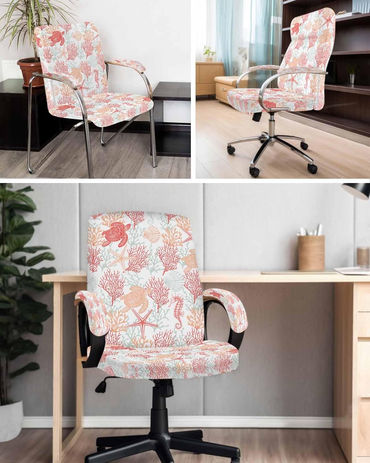 Ocean Orange Gray Office Chair Cover Stretch Computer Chair Cover Spandex Desk Rotating Boss Chair Slipcover Summer Coral Sea Turtle Seahorse Starfish Chair Protector with Armrest Cover, Small