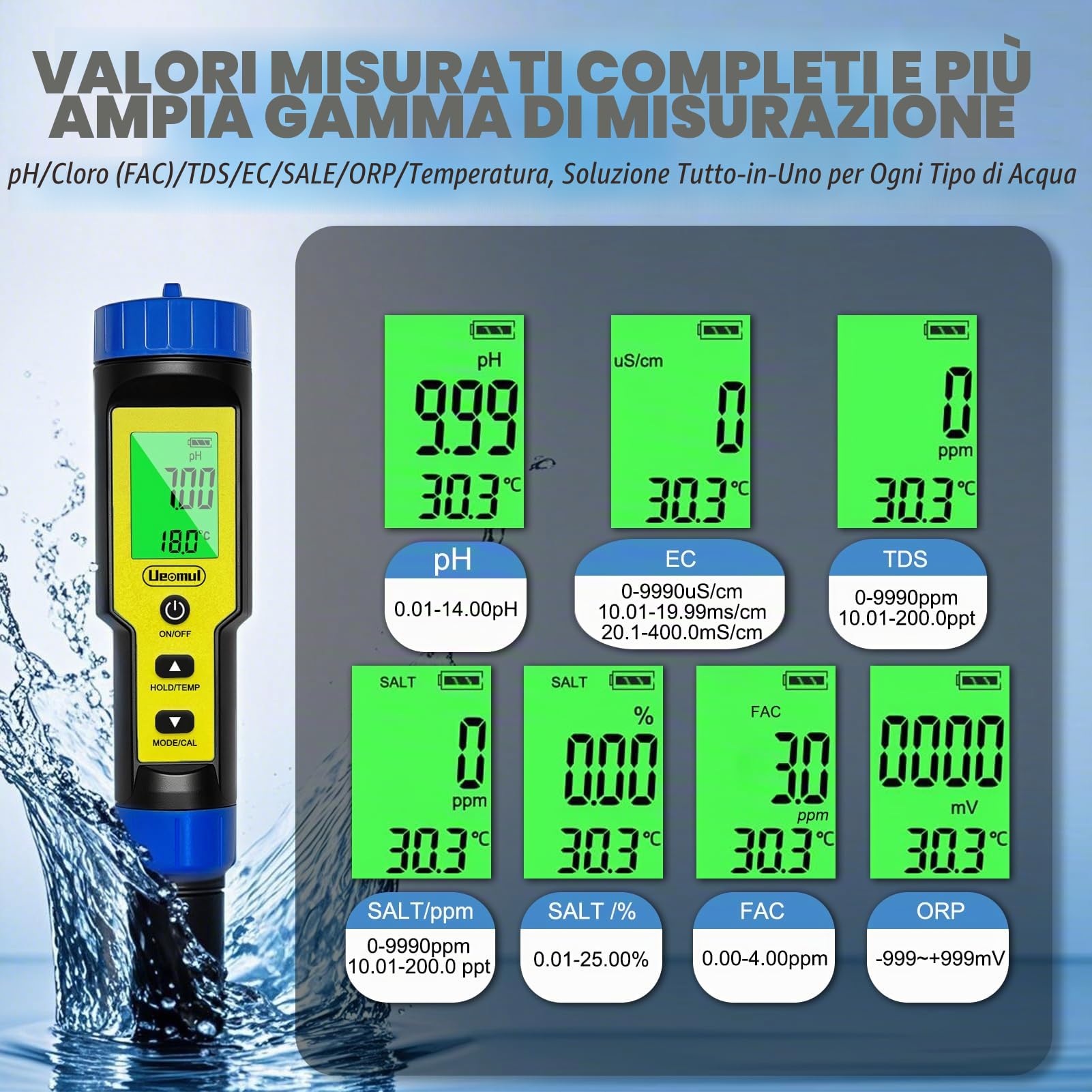 Misuratore pH e Cloro Piscina 7 IN-1, Tester pH Cloro (FAC) TDS EC SALT ORP e Temperatura con ATC, pH Meter precisione elevata 0,01pH per acqua potabile, acquario, idroponica, e spa