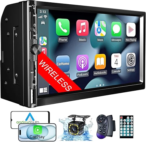Estéreo inalámbrico de doble DIN para automóvil de 7 pulgadas con Apple Carplay, pantalla táctil HD 1024 x 600, receptor de radio FM para automóvil