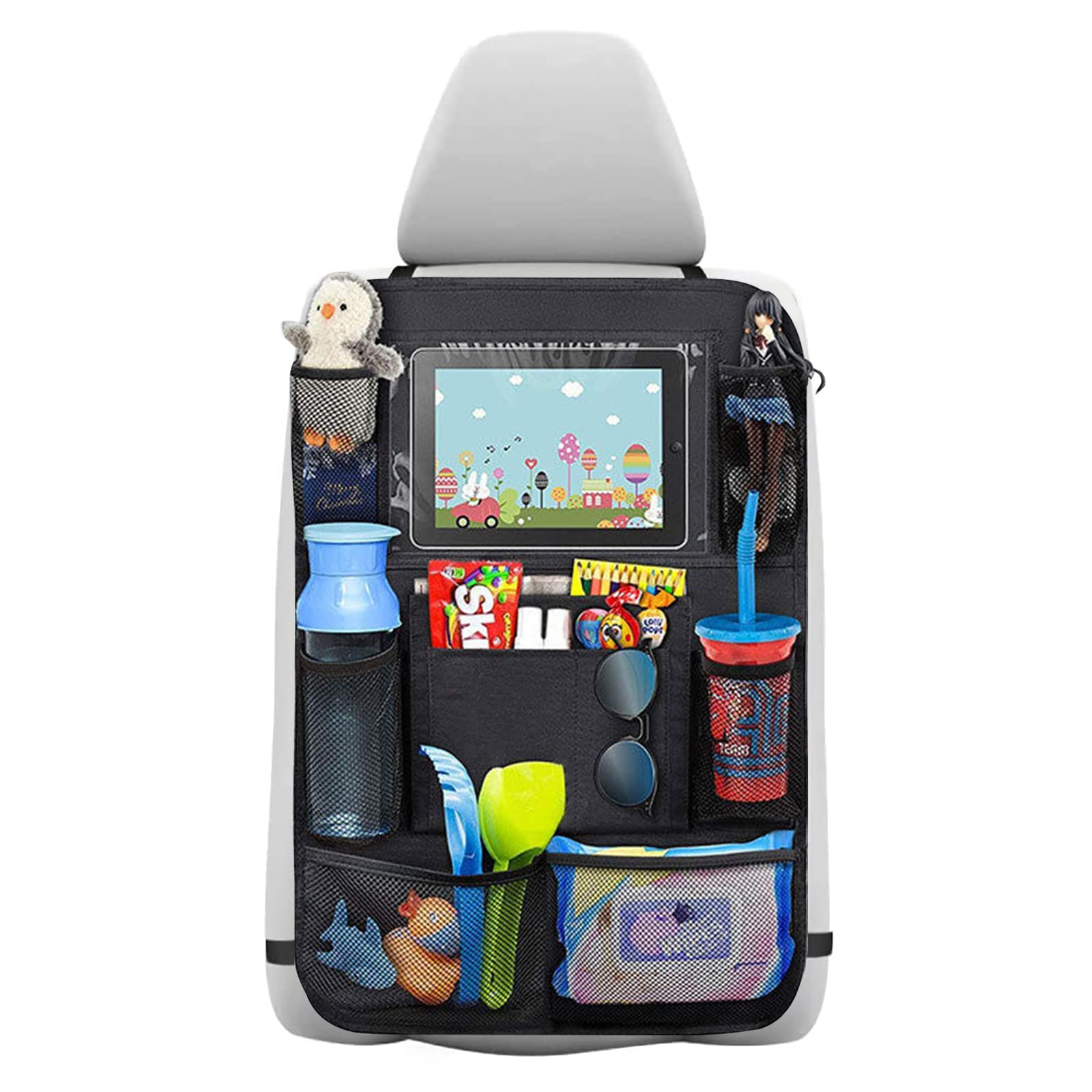Car Storage, Car Backseat Organizer, Waterproof Car Seat Storage with 10" Touch Screen Tablet Holder & 9 Storage Pockets, Kick Mat Car Seat Back Protectors for Kids Toy Bottle Travel, Black (1PC)