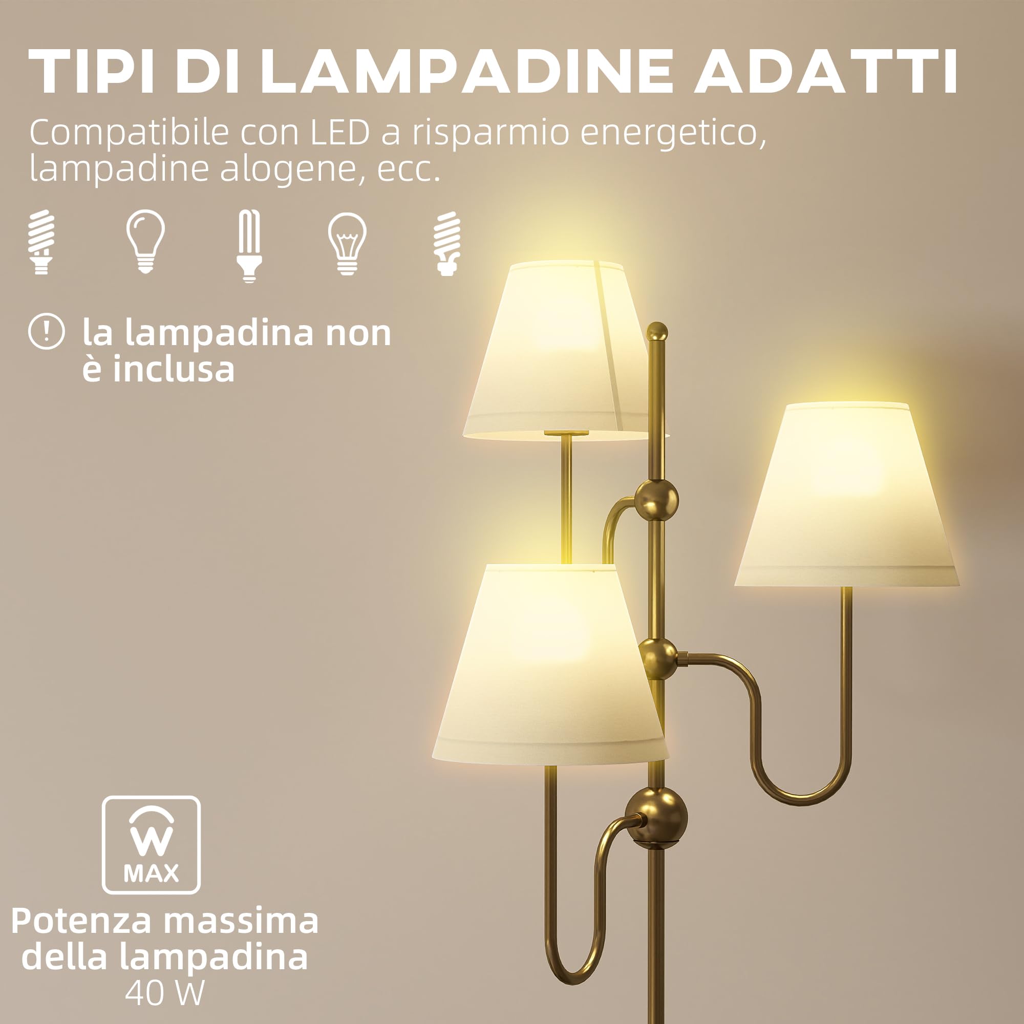 HOMCOM Lampada da Terra Alta 165 cm 3 Luci Attacco E27 Max 40W Color Oro | Lampada da Pavimento, Interruttore a Pedale, per Camera e Ufficio