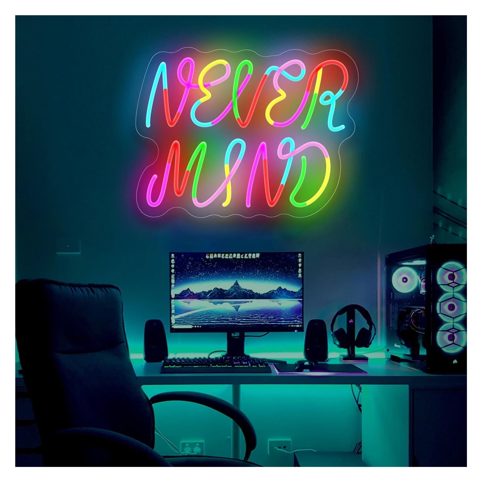 XENITE Luces Art Decoration Christmas Letrero De Neón Never Mind Con Ondas De Arcoíris Y Luz LED Regulable Por USB Para Dormitorio Oficina, Estudio, Sala De Recepción Decoración 39.1cmx30cm