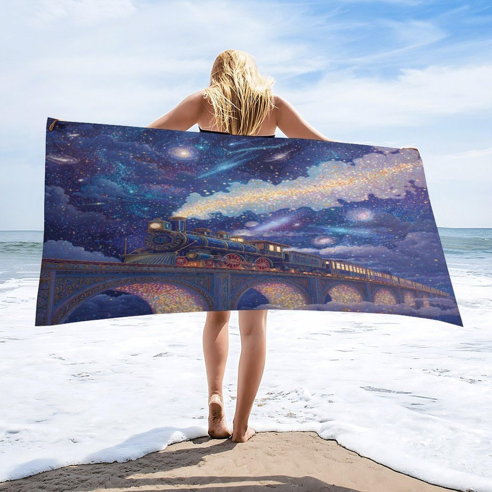 LUYYSKY Fantasy Realistic Antique Train Quick-Drying Beach Towel, Retro Watercolor Starry Sky Outer Space Galaxy Steam Train Travel Vacation Single Sided Pile Bathroom Towels-80 W cm x 160" L cm