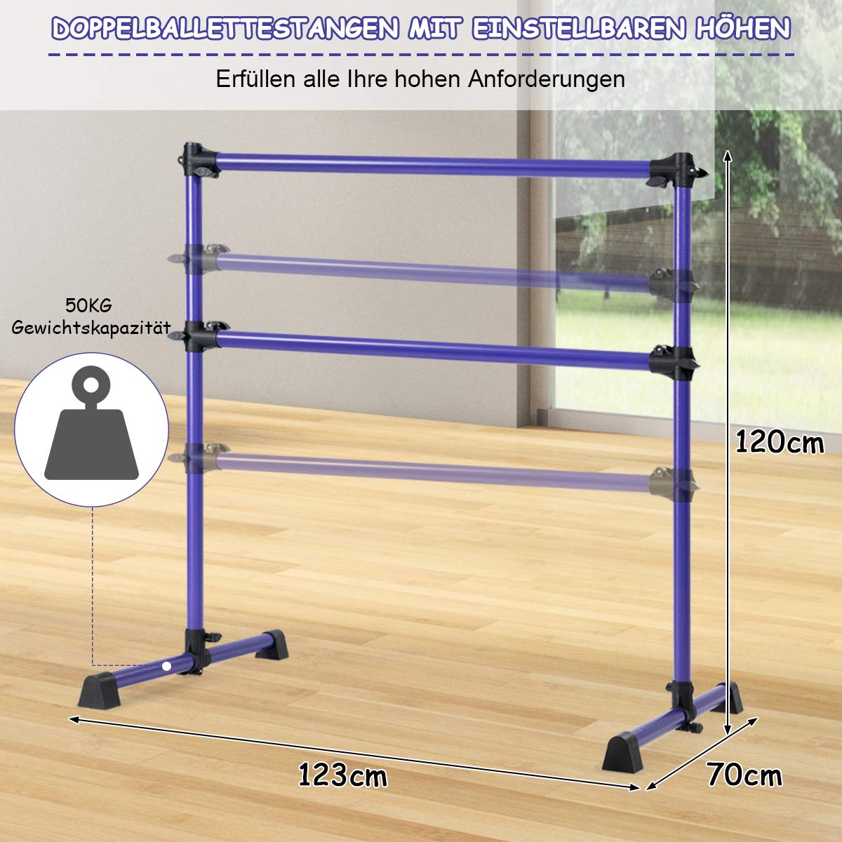 COSTWAY Ballettstange freistehend, Ballet Bar höhenverstellbar, Ballett Barre aus Eisen, Stretch Barre bis 50KG belastbar, ideal für Kinder und Erwachsene