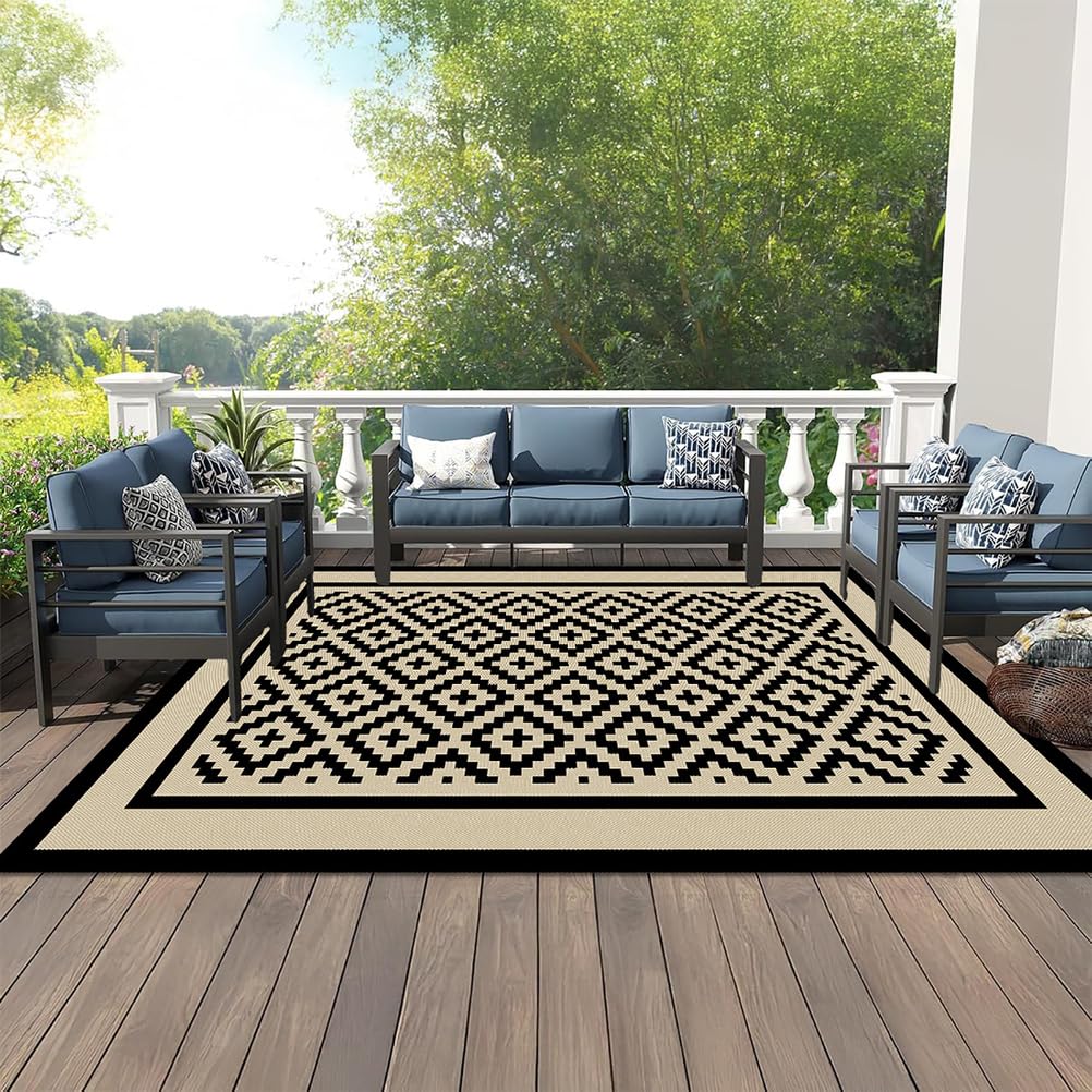 Tapis Extérieur Terrasse Beige et Noir 120x180,Tapis Plastique Antidérapant Moderne,Tapis d'extérieur Imperméable,Resistant Pluie,Réversible pour Jardin Balcon Porche Plage Pique-Nique Camping
