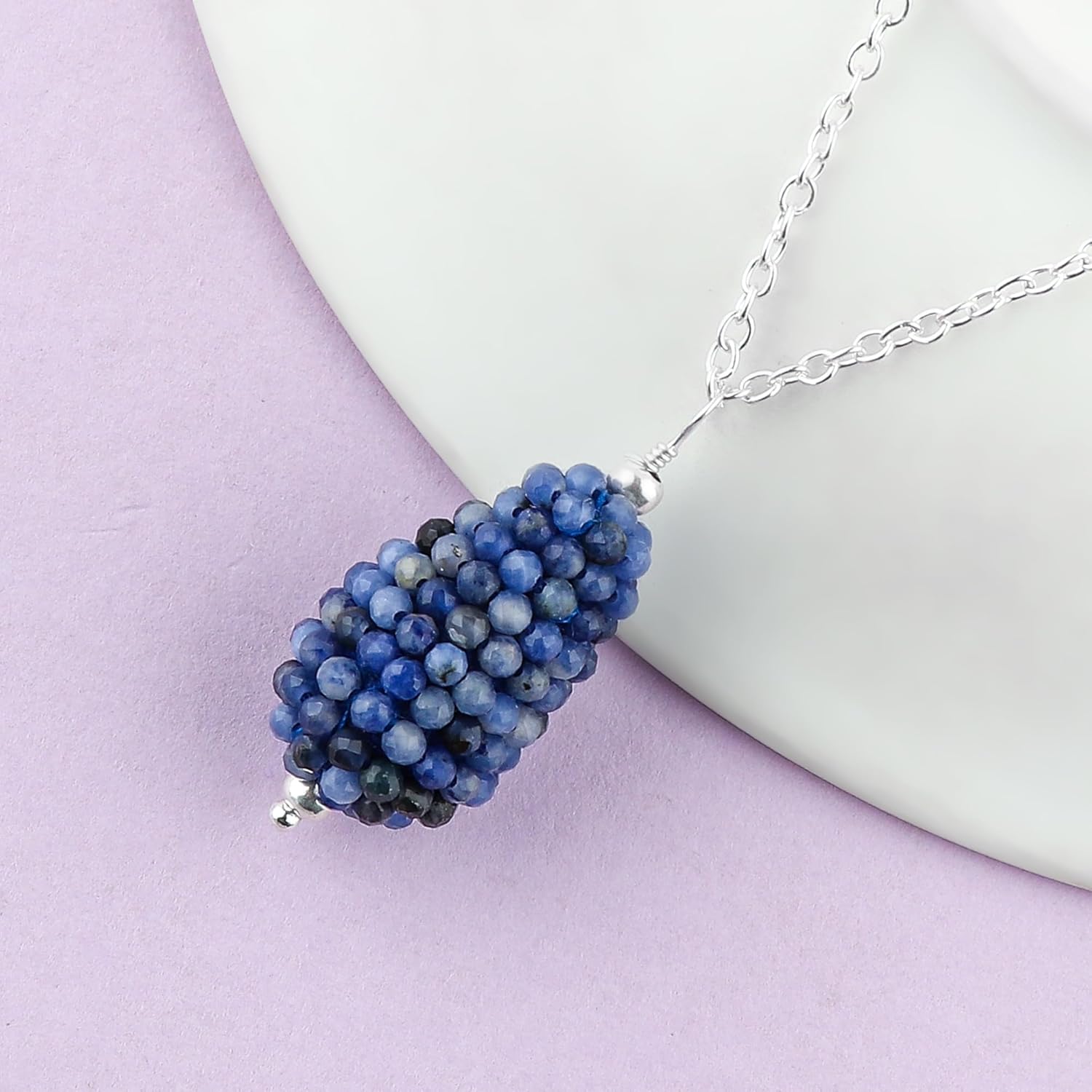 Handcrafted Crochet Beaded Pendant Necklace | Natural Sodalite Gemstone | Teardrop Design Jewelry | Adjustable Silver Chain | Lightweight Jewelry for Women | Size-18inches - Image 2