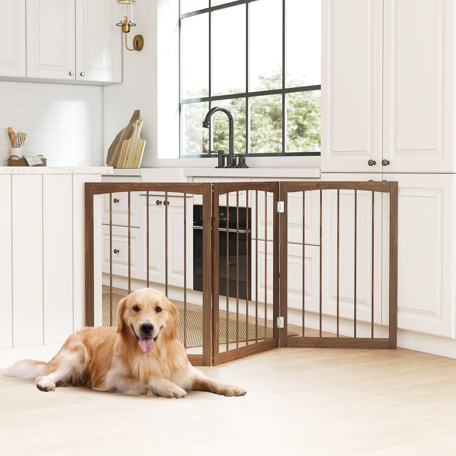 COSTWAY Barra para Perros Plegables, Barrera de Seguridad para Interiores, Separador de Habitaciones de 3 Paneles Plegable y Autoportante para Mascotas Pequeños y Medianos (Marrón)