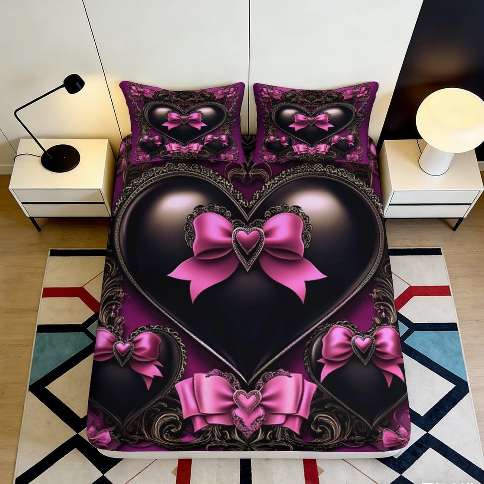 Jqzkxnhpbr Style-7 3D Printed Black Pink Heart Fitted Sheet Microfiber Soft Mattress Cover For Bedroom, Home And Guest Room Decor 90X200x25cm