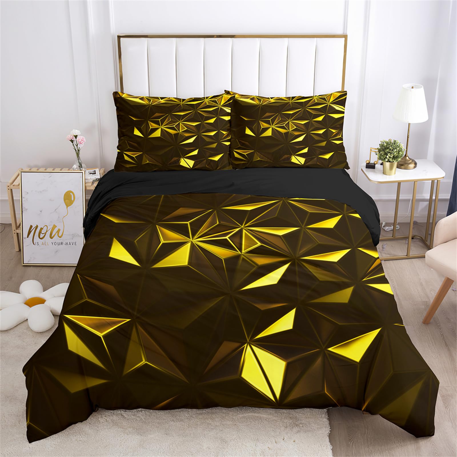 Dwetcxo Double Duvet Set Golden Geometry Duvet Sets Double Bed Soft Microfiber Washable Duvet Cover Sets Easy Care Bedding with Zipper Closure+2 Pillowcases 50x75cm 200x200cm