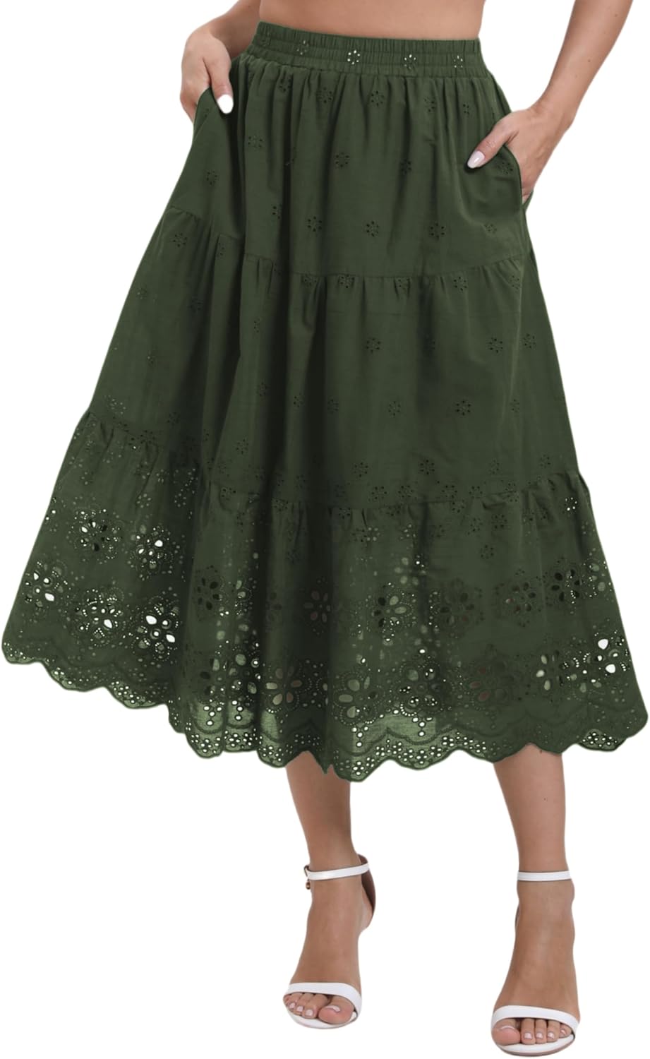 Women's Summer Elastic High Waist A-Line Vintage Embroidery Lace Tiered 2026 Casual Vacation Boho Midi Skirts