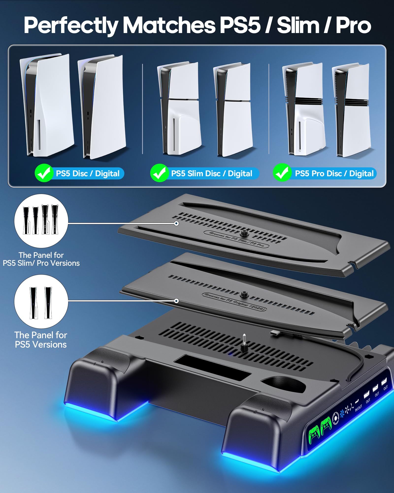 PS5/ Slim/Pro Stand for Disc & Digital Console, PS 5 Cooling Station with Dual Controller Charging Station for PlayStation 5 Console, 3-Level Fan PS5 Controller Charger Accessories Stand-Black thumbnail 4