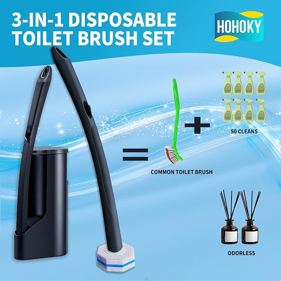 Disposable Toilet Brush with 50 Cleaner Refills Pads,Wall Mounted Toilet Bowl Holder Set,Toilet Cleaning System Starter Kit,Bathroom Cleaning System for Sink Bathtub Wash Basin