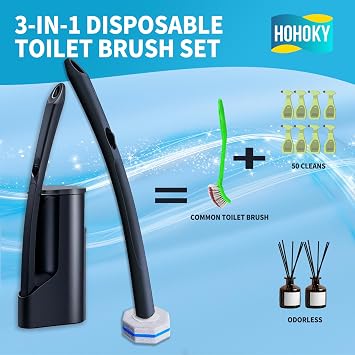 Disposable Toilet Brush with 50 Cleaner Refills Pads,Wall Mounted Toilet Bowl Holder Set,Toilet Cleaning System Starter Kit,Bathroom Cleaning System for Sink Bathtub Wash Basin