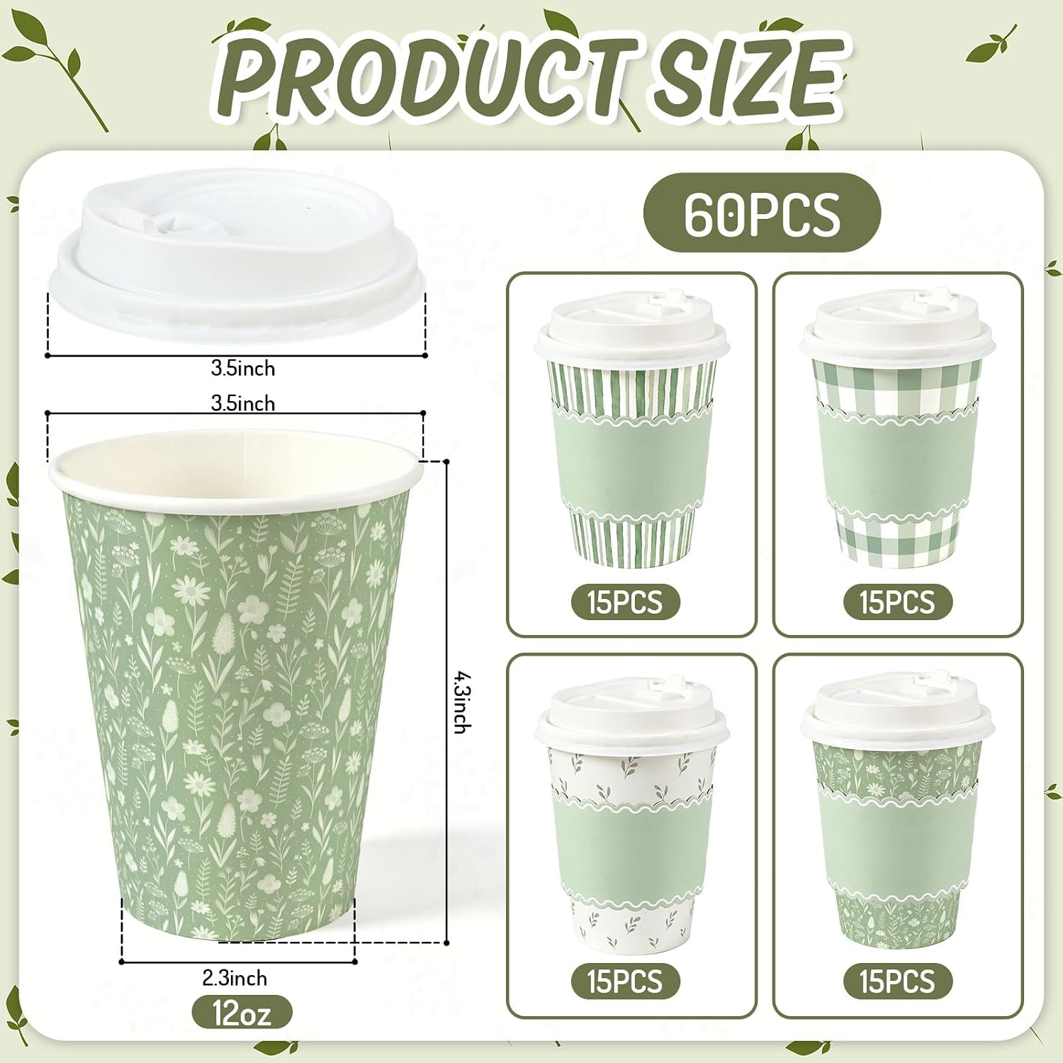 Whaline 60 Sets 12Oz Sage Green Paper Coffee Cups with Lids and Sleeves Green Botanical Floral Stripe Plaid Disposable To Go Drink Cup for Wedding Bridal Shower Birthday Women Tea Party image 2