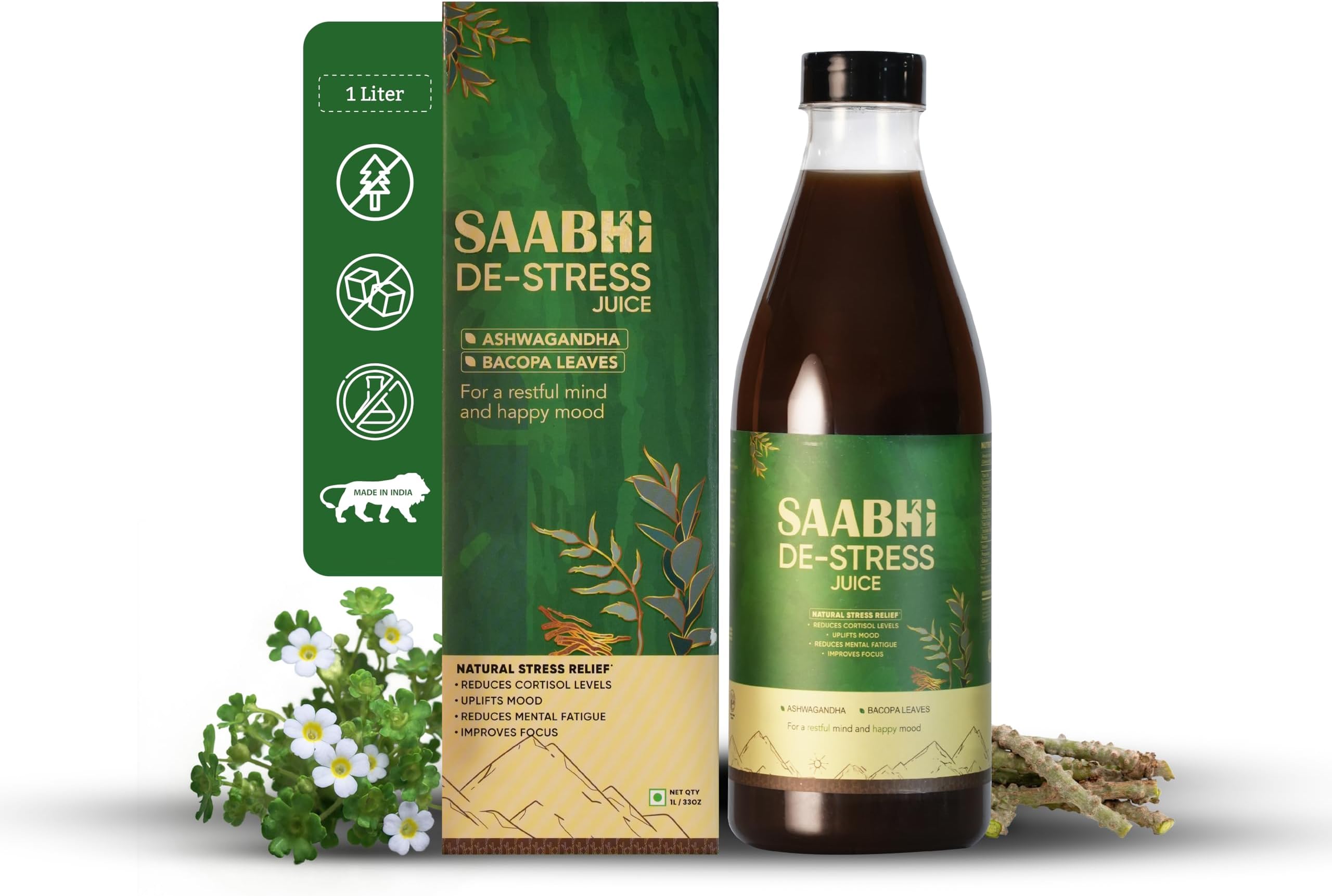 SAABHI De-Stress Juice- 1L | Ayurvedic Stress Relief Juice with Ashwagandha & Bacopa Leaves | Reduces Anxiety & Boost Energy Levels | Improved Sleep Quality | Sugar Free & Gluten Free