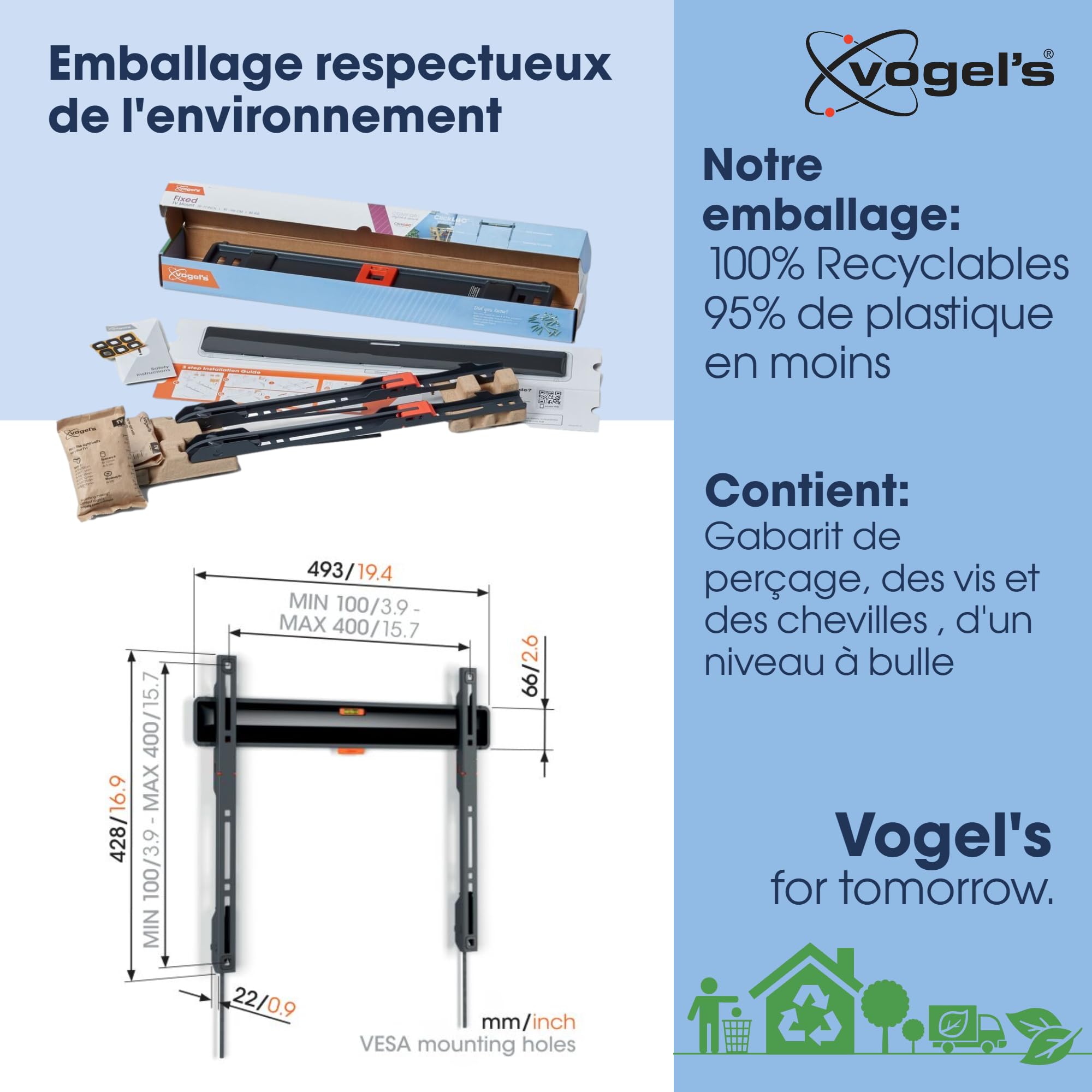 Vogel's TVM 3405 Support Mural TV Plat pour téléviseurs de 32-77 Pouces, Max. 50 kg, Support TV Max. VESA 400x400, Compatibilité Universelle, Distance au Mur de Seulement 2,2 cm