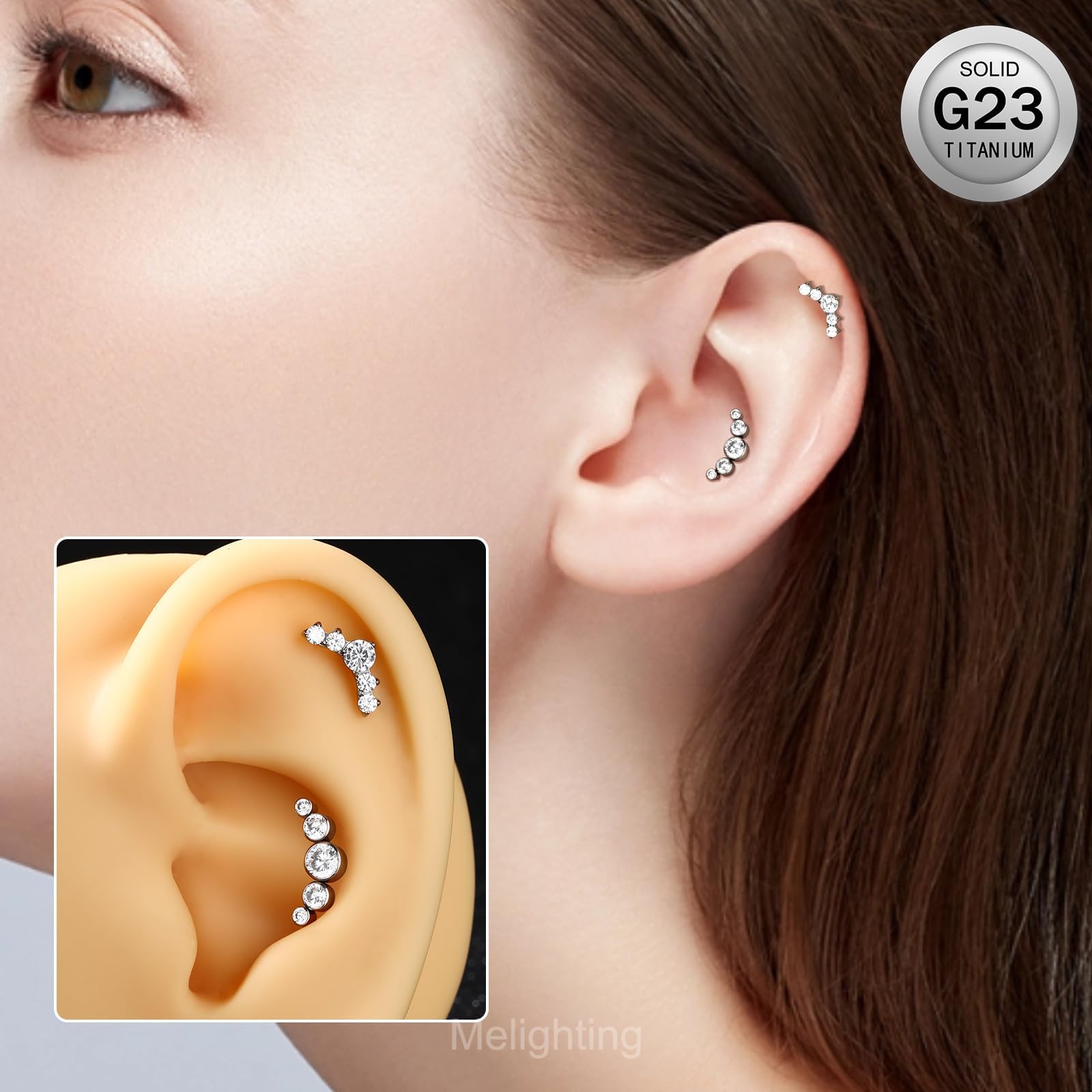 Melighting Titanium Conch Piercing Jewelry Internally Threaded 16G Cured Cartilage Earring Clear CZ Titanium G23 Helix Piercing Jewelry 8mm Labret Jewelry for Wome