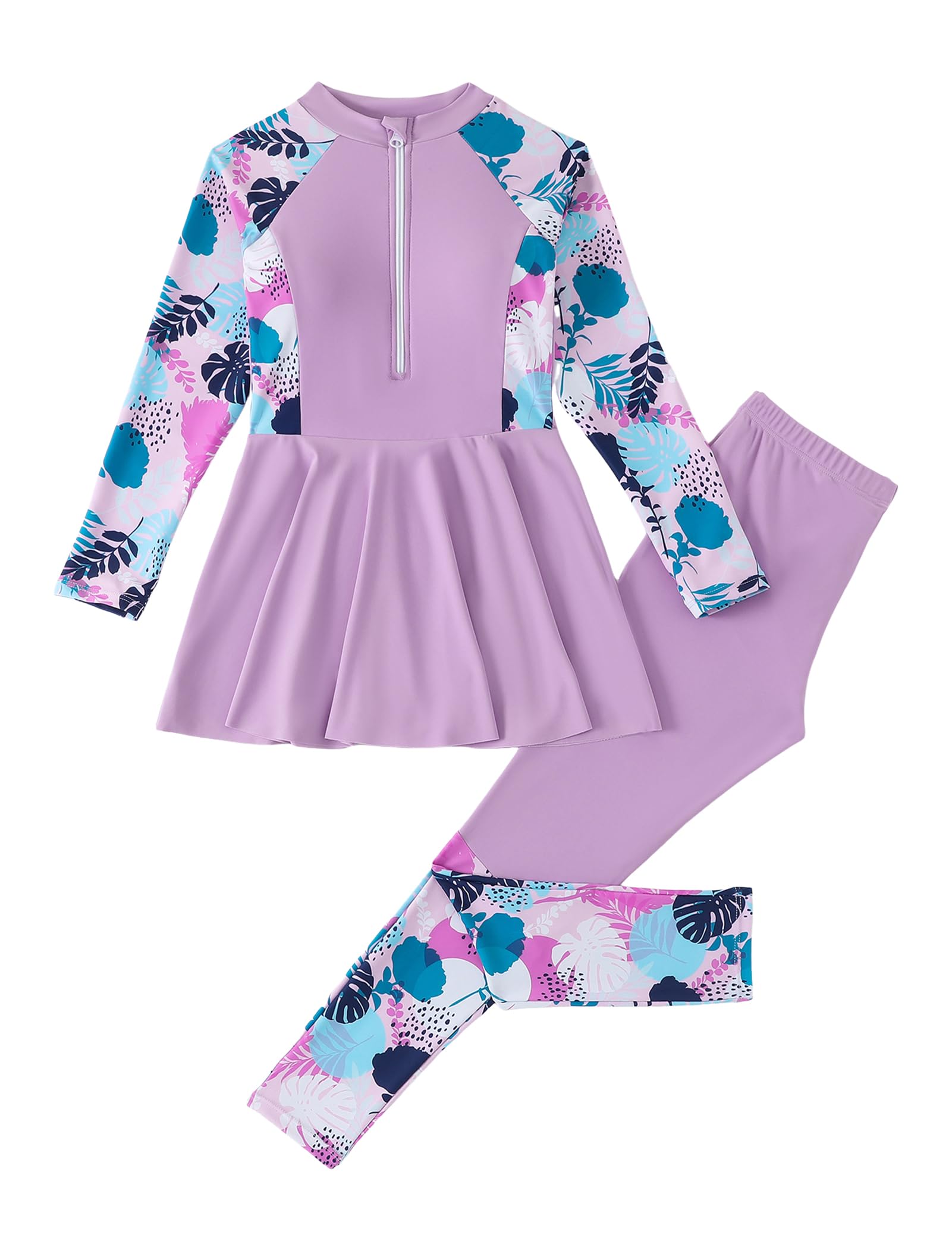 Rashguard-Badeanzug für Mädchen, langärmelig, geteilt, zweiteilig, für Kinder, muslimische Bademode, tropischer Druck