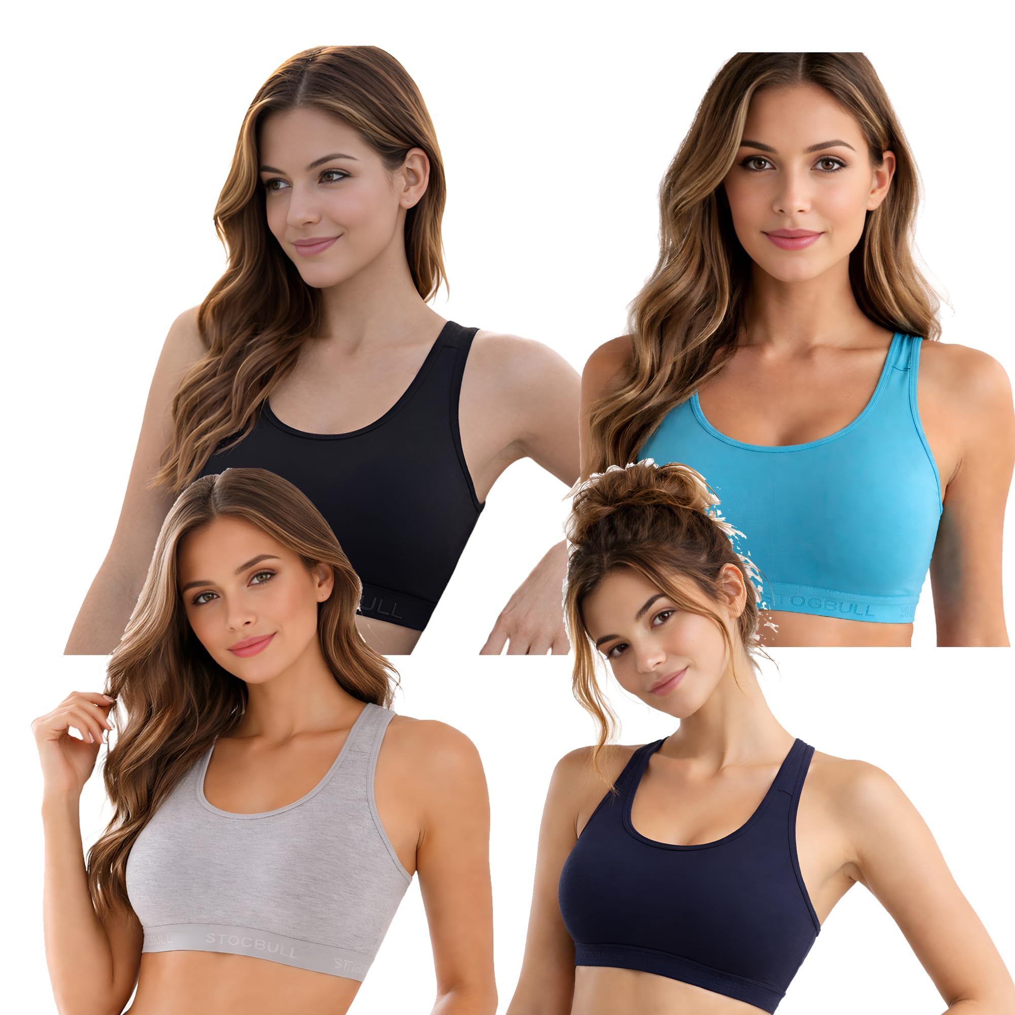 stogbull Cotton Lycra Non-Padded Bra Full Coverage U-Neck Sports Bra for Women and Girls Teenager Gym Yoga Exercise Workout Bra Combo Pack of 4 PIS-picture-32