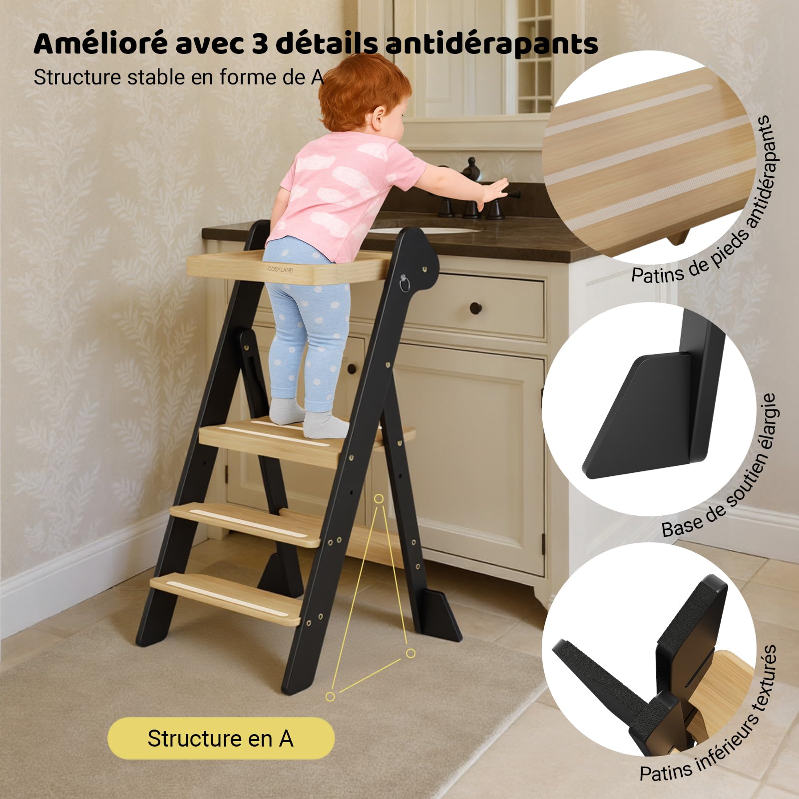 COSYLAND Tour d’Observation Montessori Enfant Pliable – If Design Award, Tour d’Apprentissage en Bois Réglable en Hauteur dès 1 an avec Filet de Sécurité, Kitchen Helper Bébé – Noir & Naturel