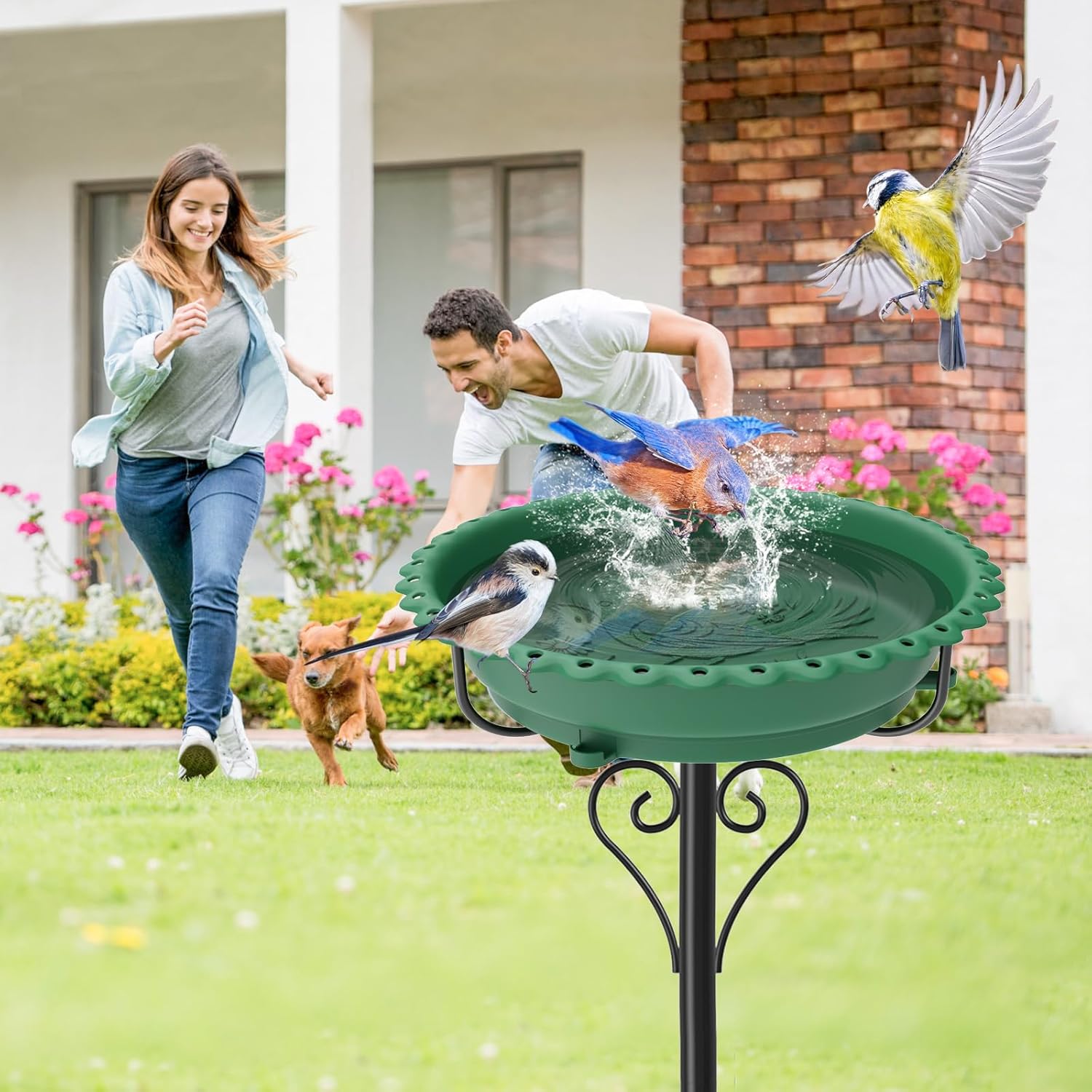 40In Bird Bath for Outside,Freestanding Birdbath & Birdfeeder with Metal Stake,Vintage Birdbaths Water Bowl with 5 Prongs Base for Outdoor Garden Yard Decor (Green)