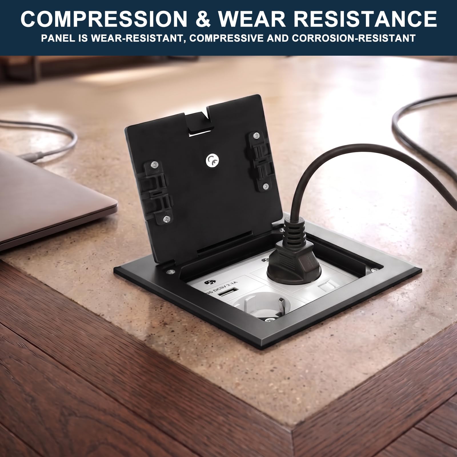 Prise Etanche Encastrable Acier Inoxydable - Prise de Sol Enfouie avec 2 AC + 1 USB A + 1 RJ45 - Prise Sol Encastrée pour la maison, le bureau/marbre, noir